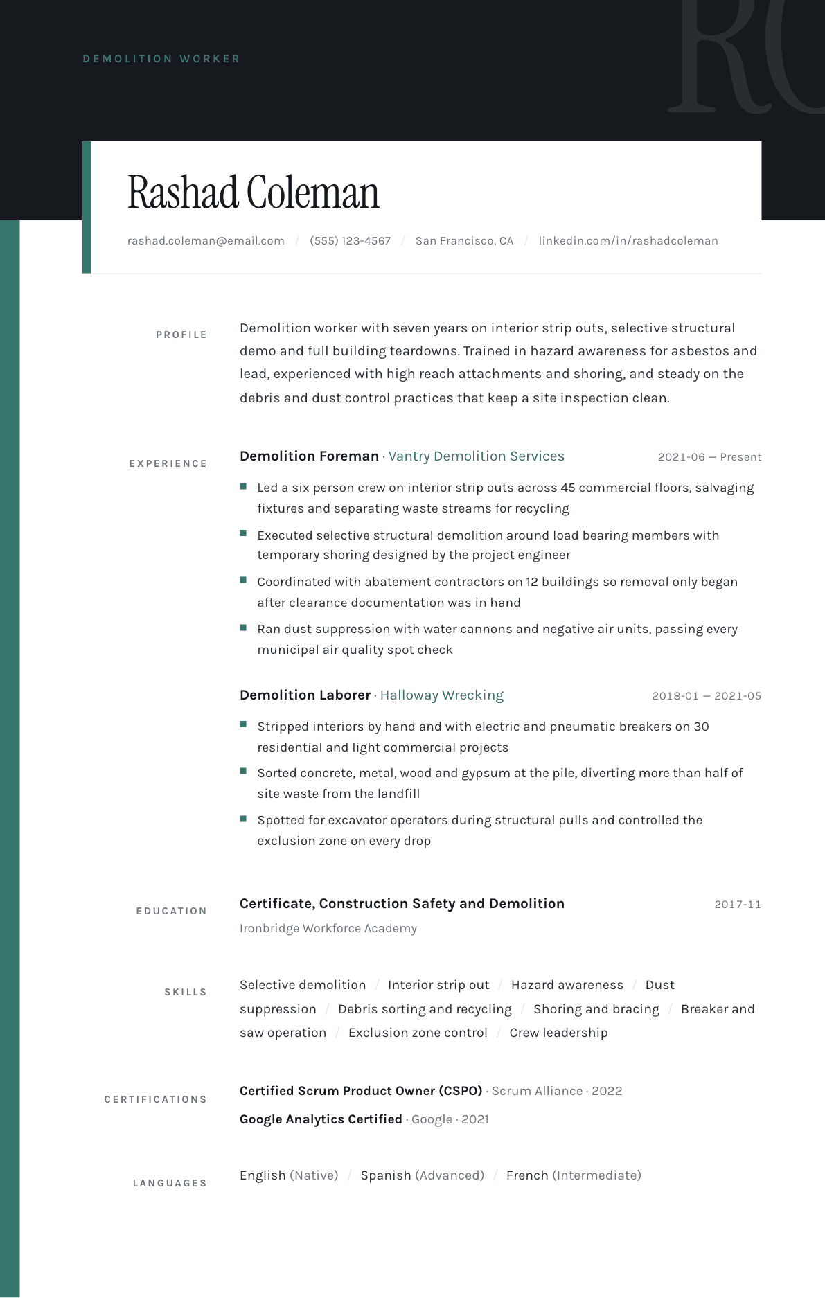 Demolition Worker resume example, Quarto template