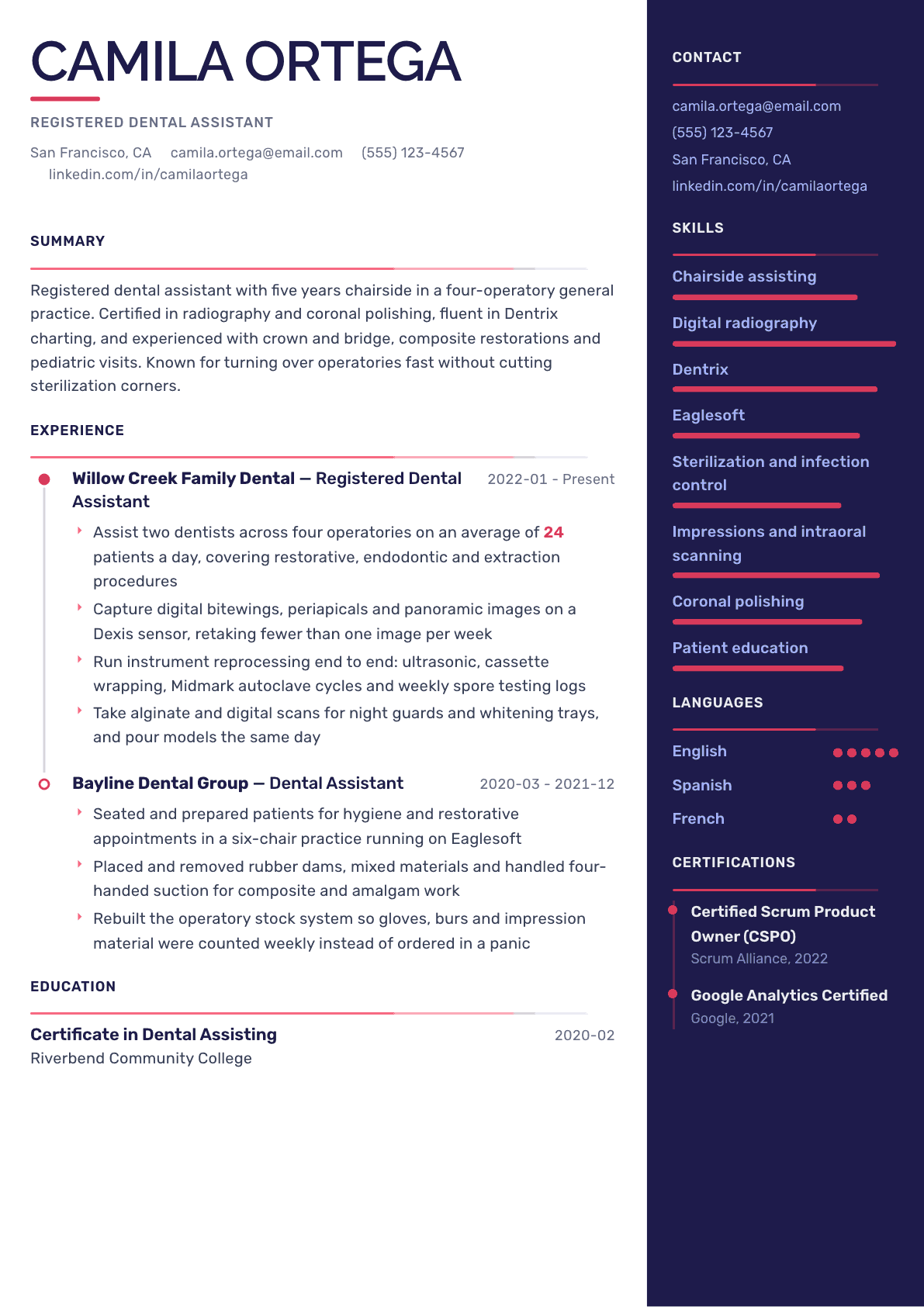 Dental Assistant resume example, Obsidian Dark template