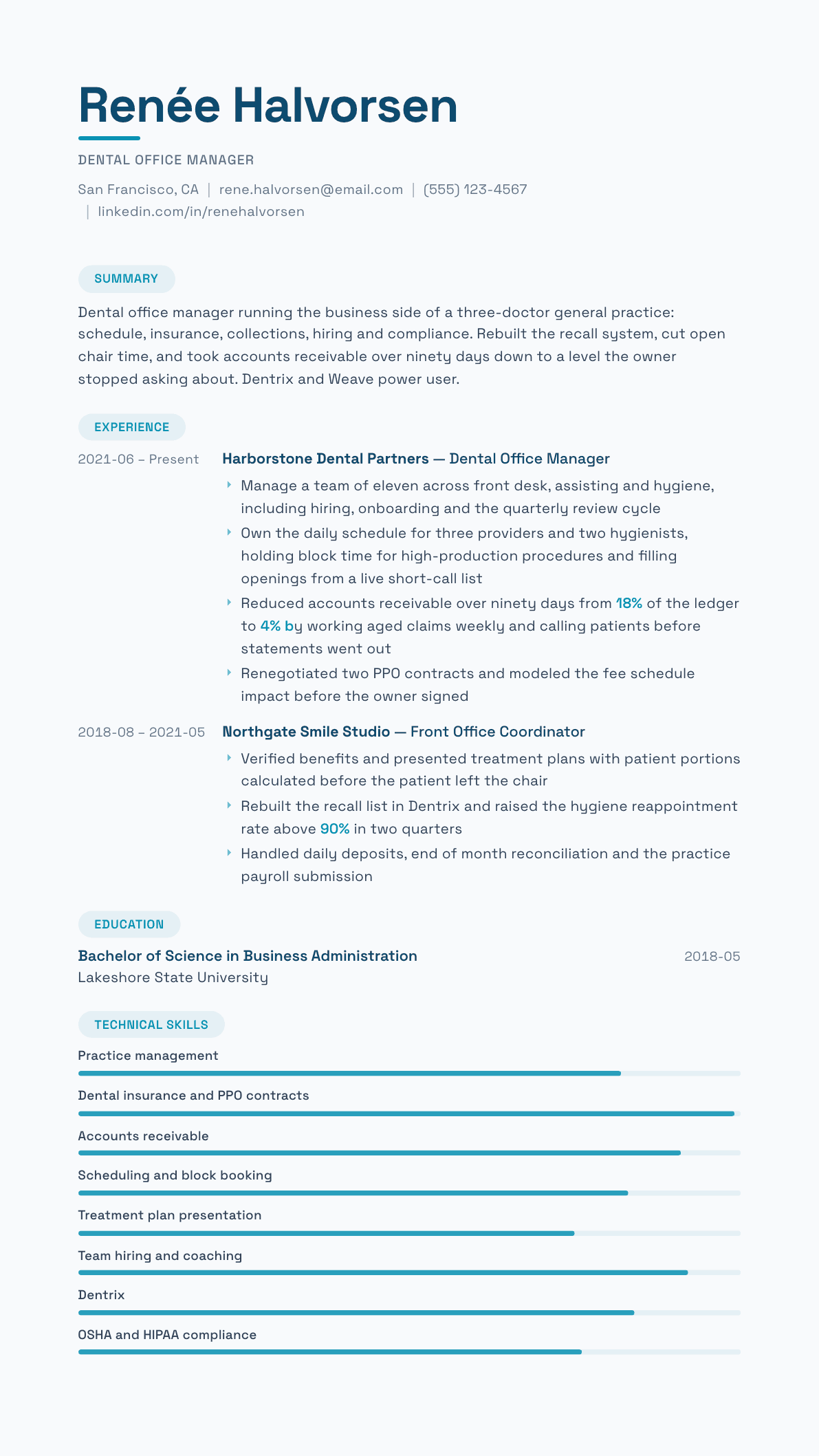 Dental Office Manager resume example, Horizon template