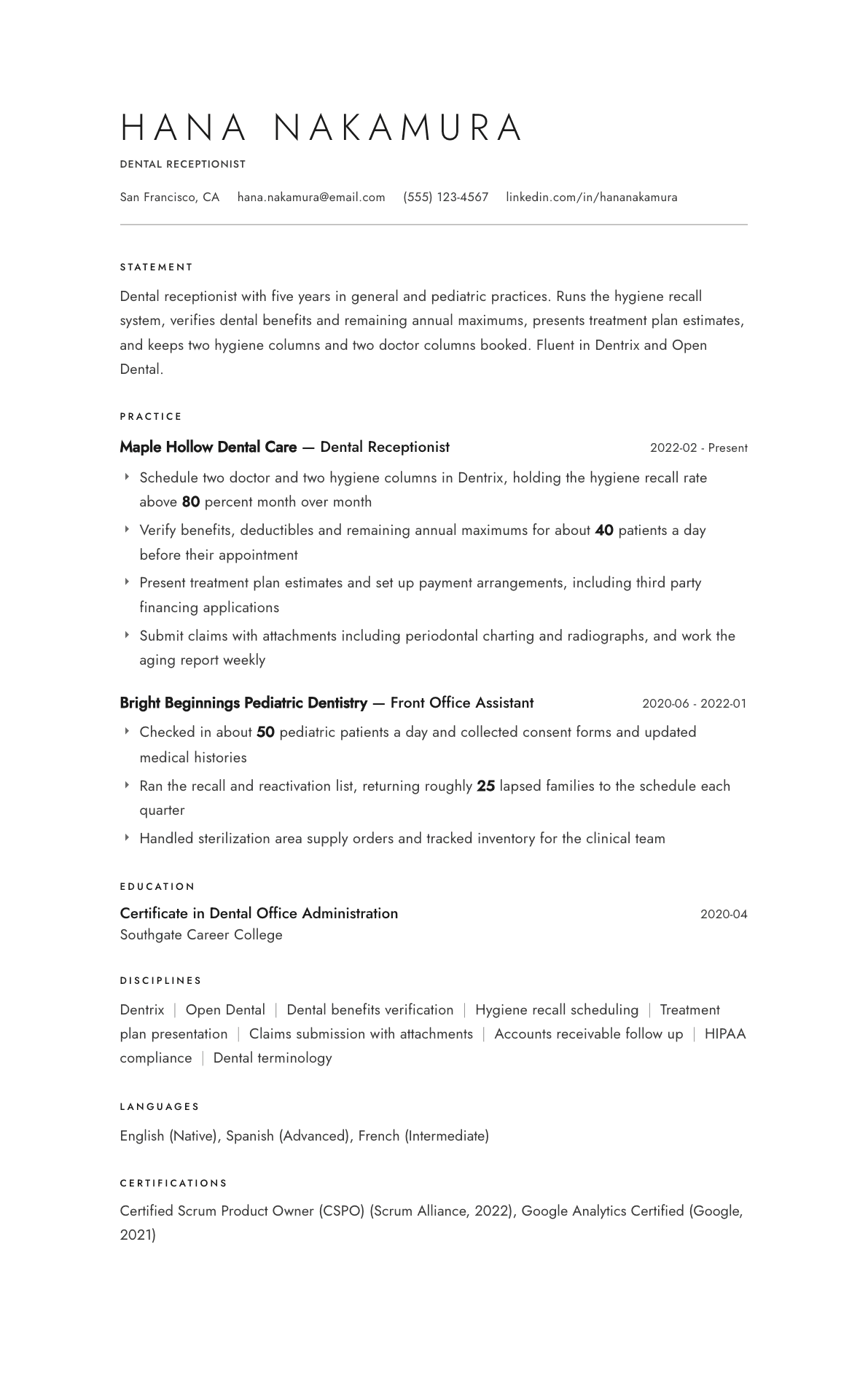 Dental Receptionist resume example, Atelier template
