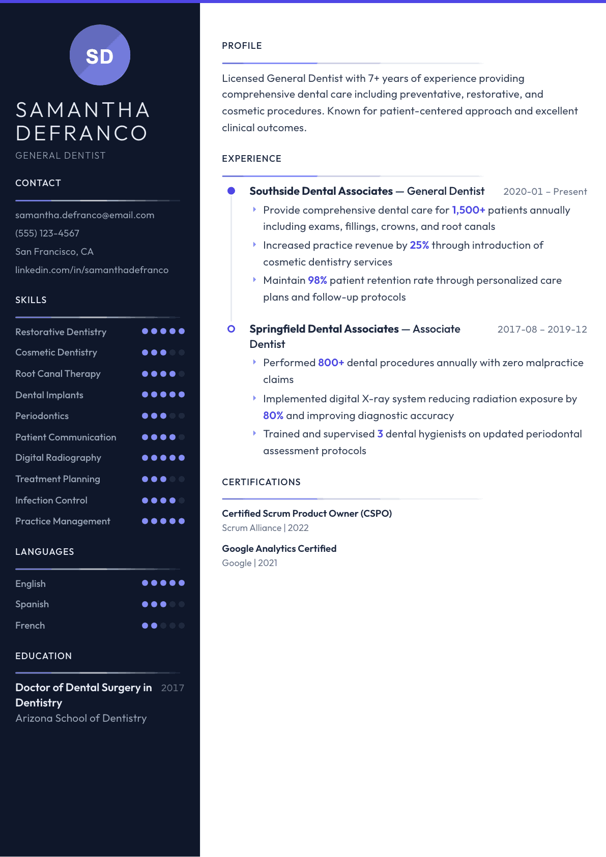Dentist resume example, Zenith template