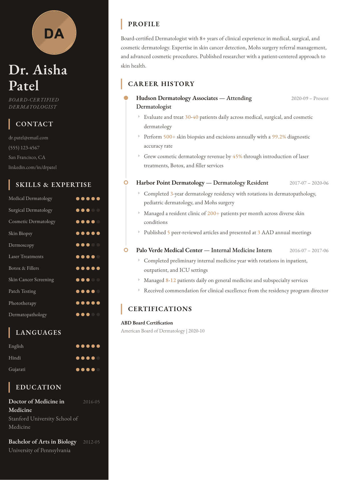 Dermatologist resume example, Heritage template