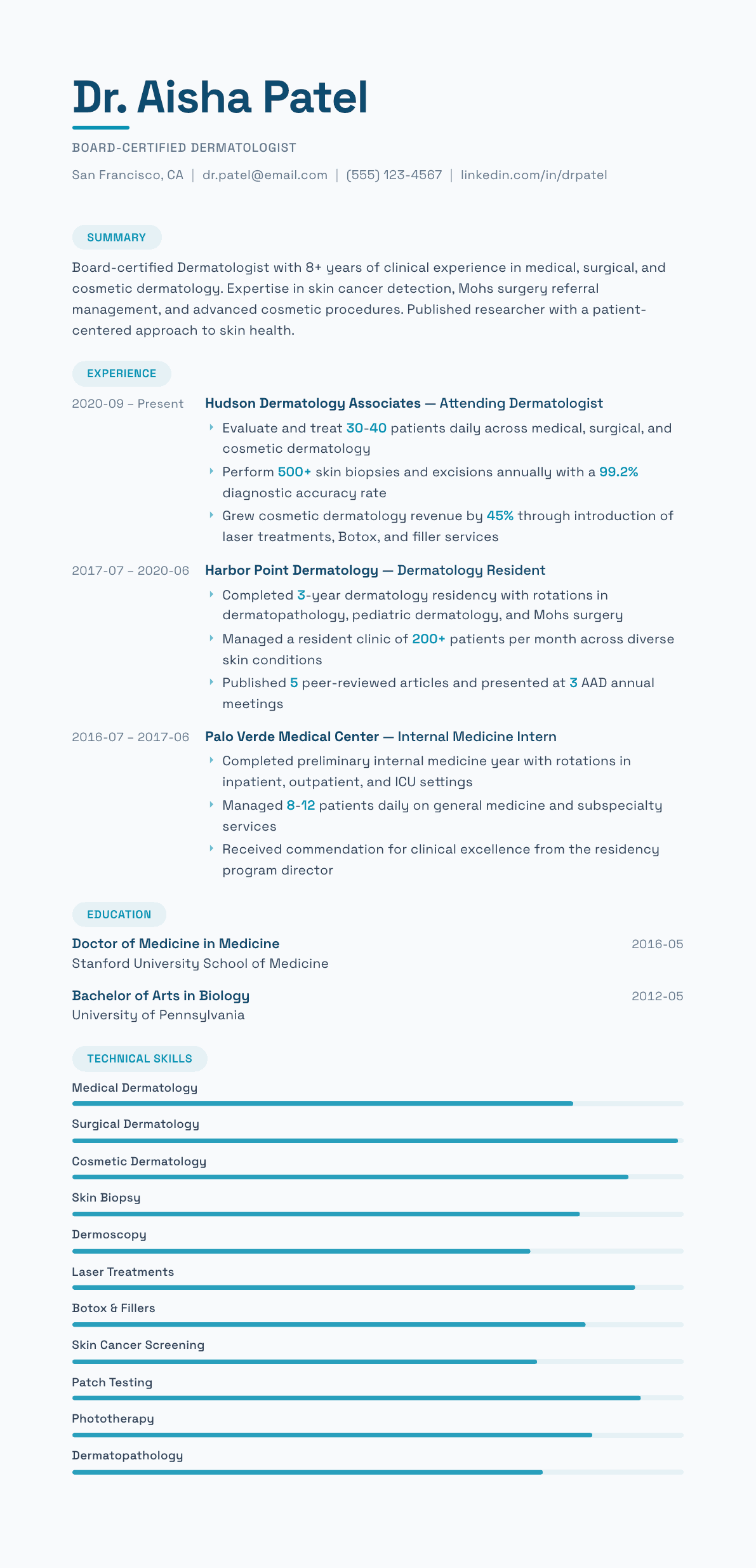 Dermatologist resume example, Horizon template