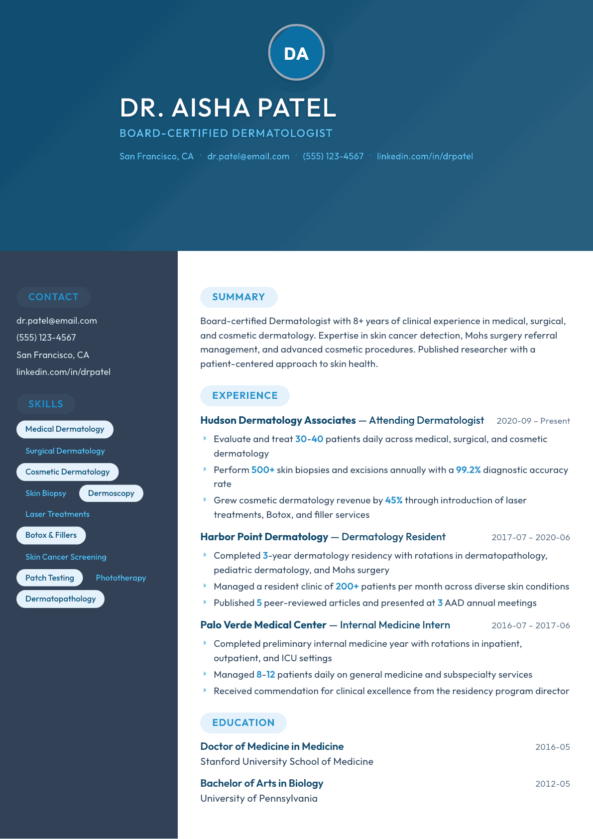 Dermatologist resume example, Nexus template