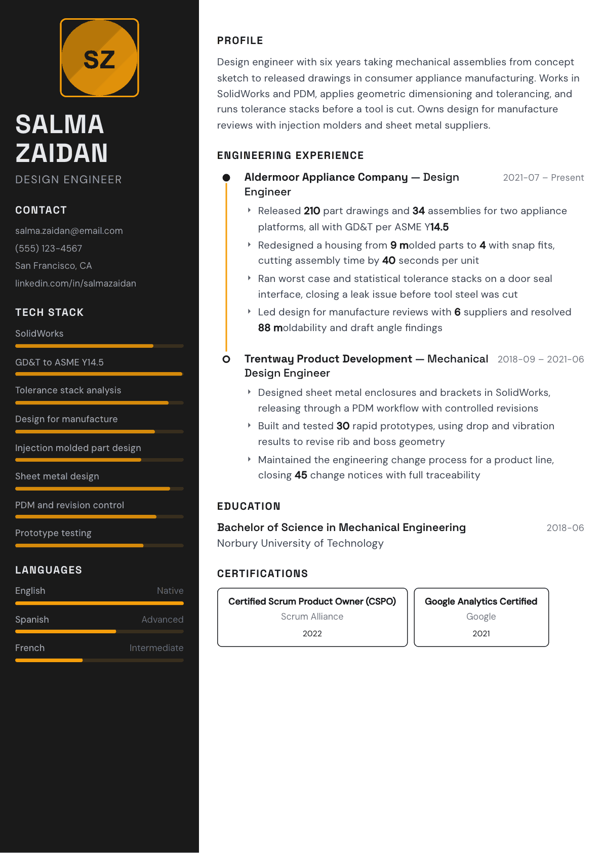 Design Engineer resume example, Architect template