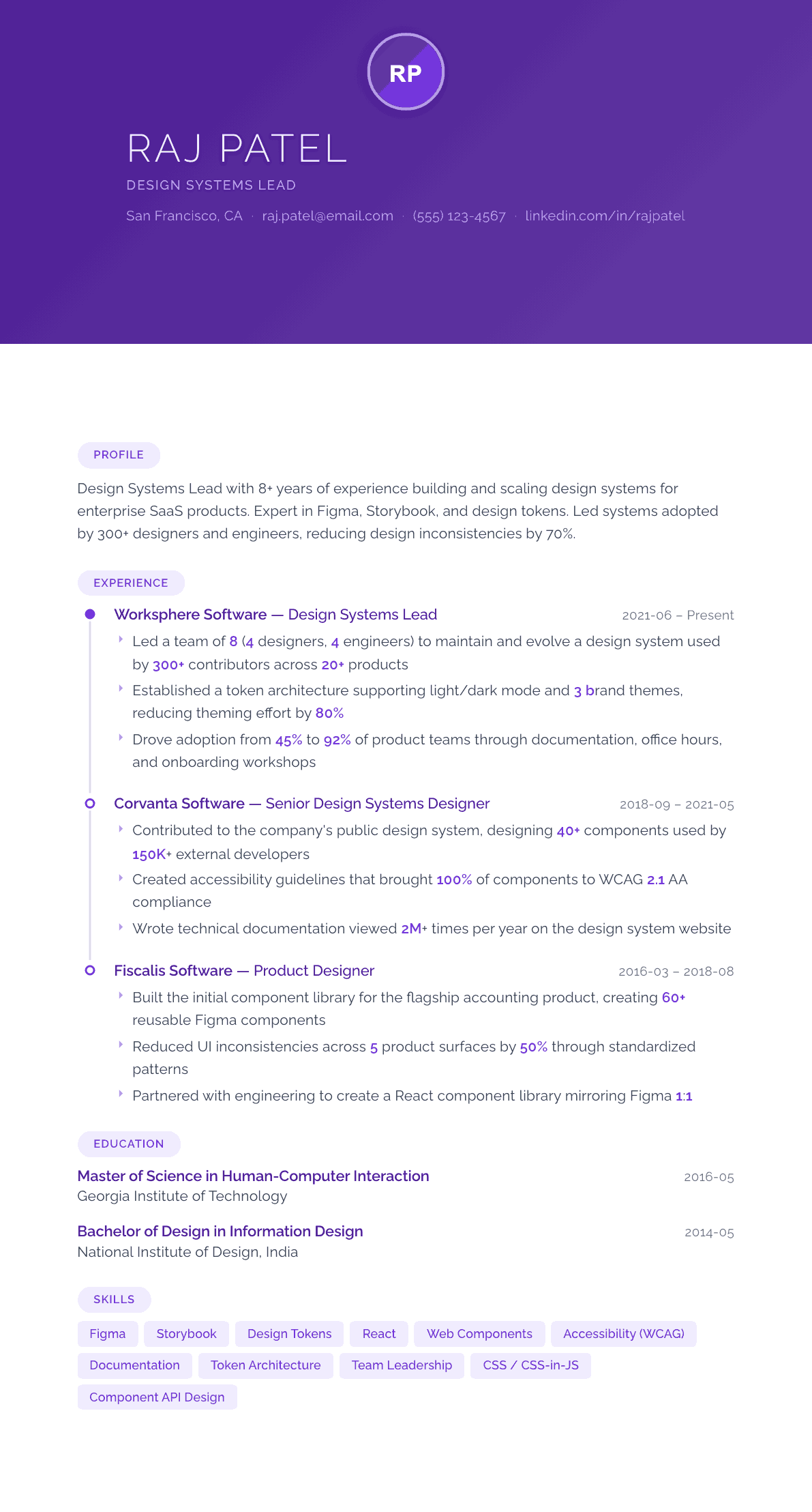 Design Systems Lead resume example, Canvas template