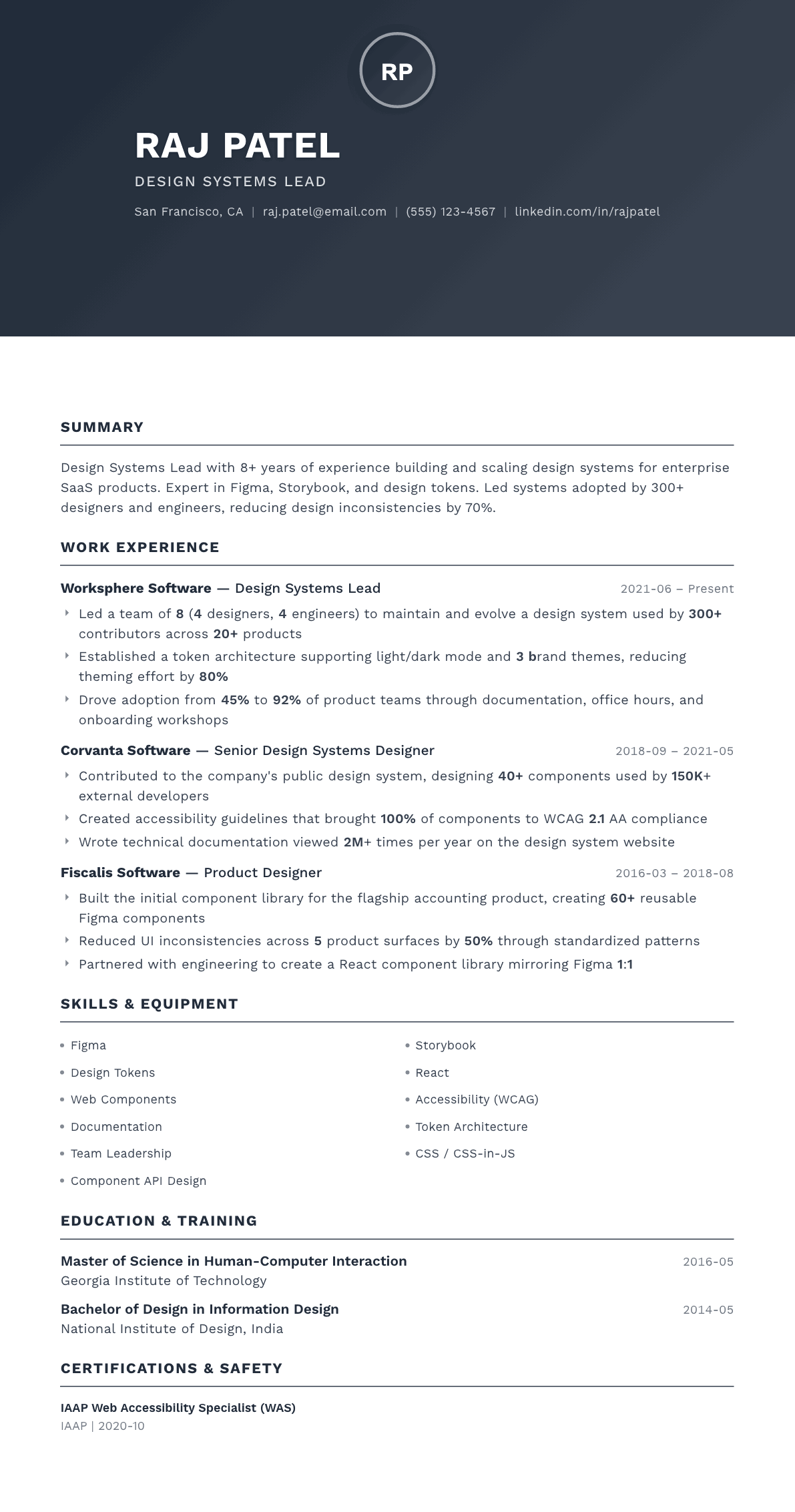 Design Systems Lead resume example, Foundation template