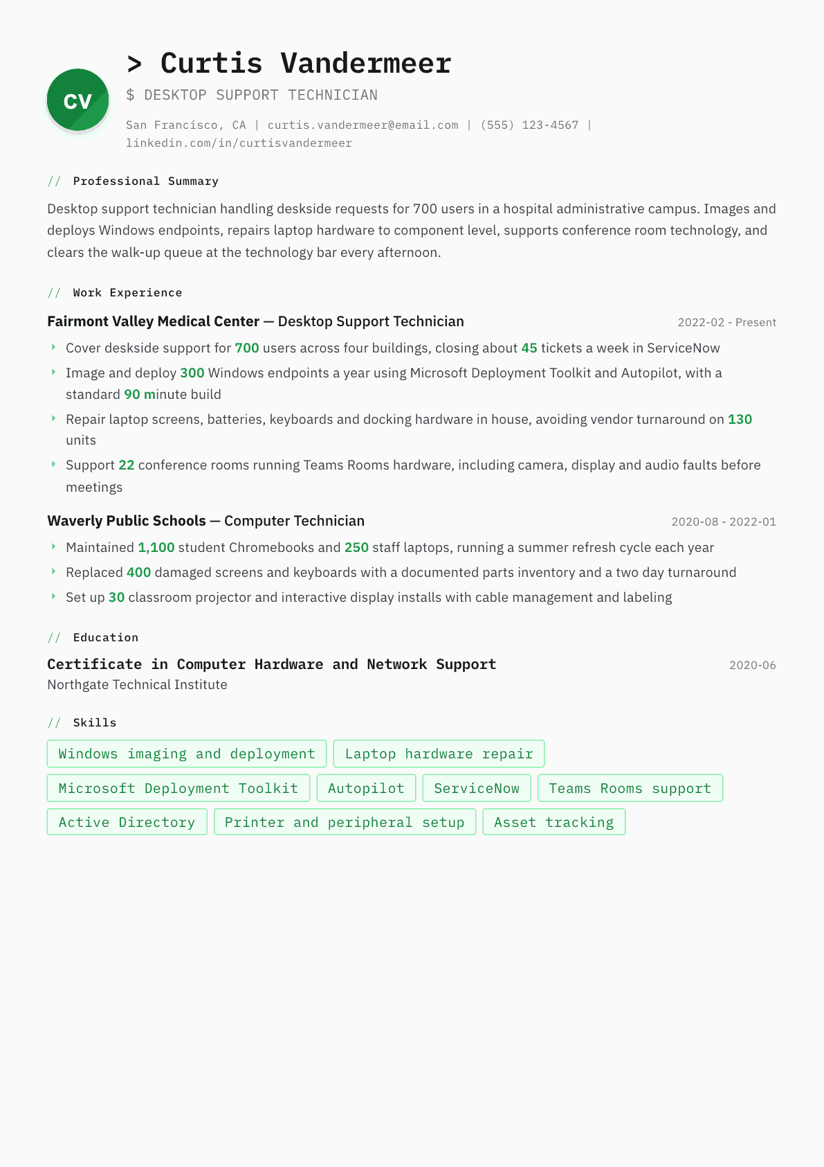 Desktop Support Technician resume example, Amsterdam template
