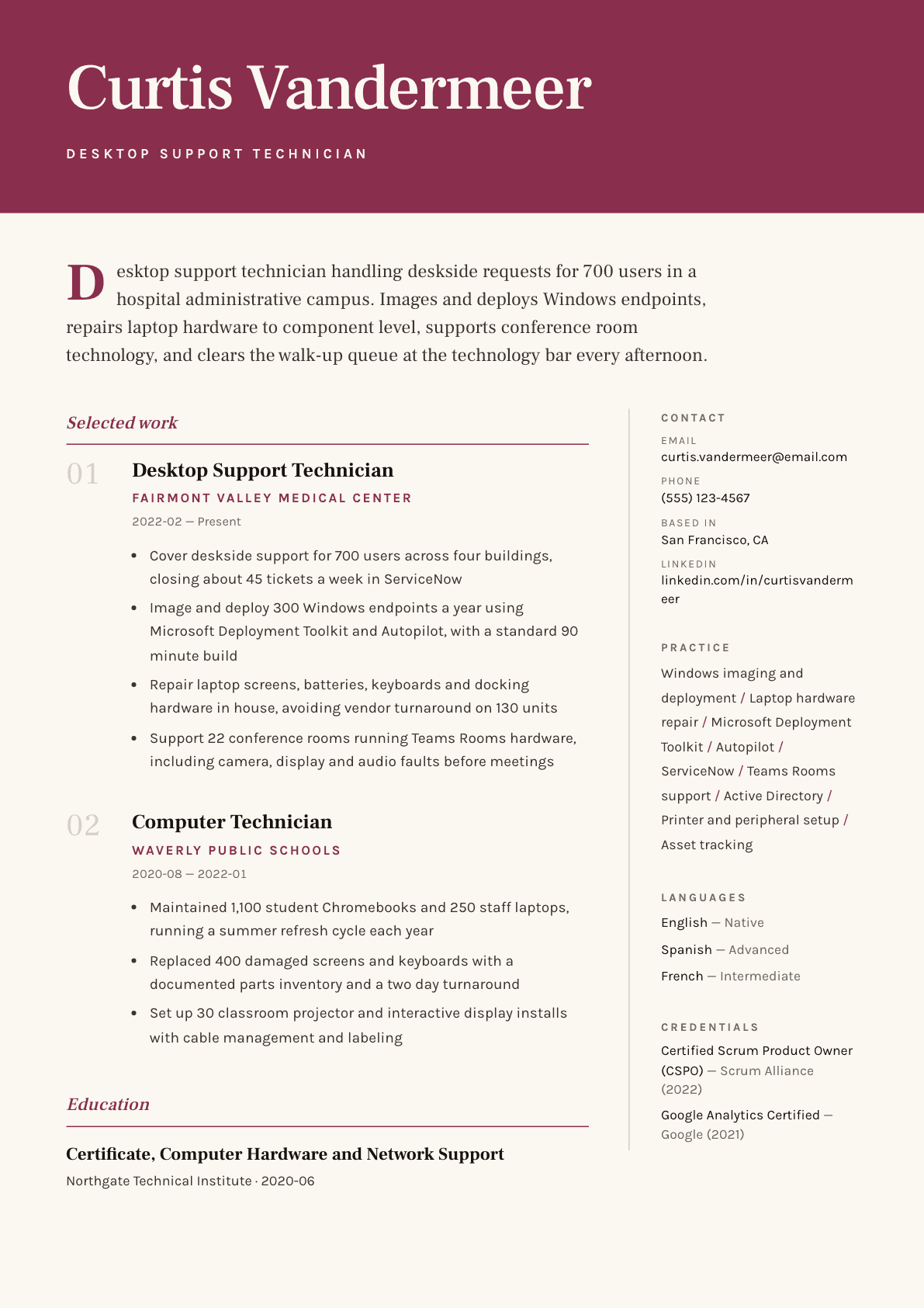 Desktop Support Technician resume example, Pressroom template
