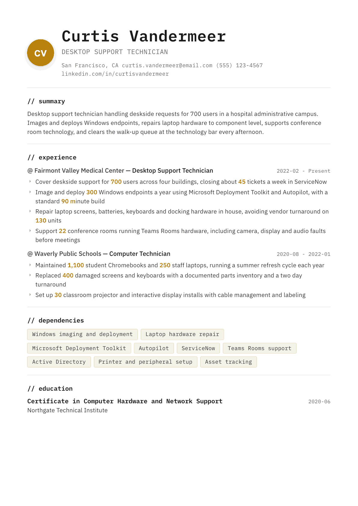 Desktop Support Technician resume example, Terminal template