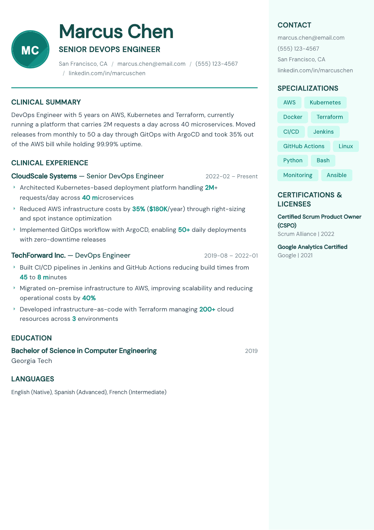 DevOps Engineer resume example, Remedy template
