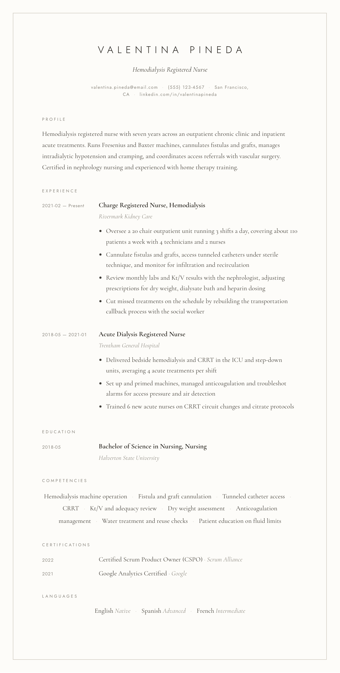 Dialysis Nurse resume example, Vellum template
