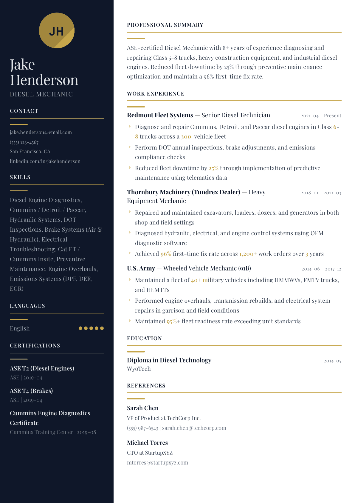 Diesel Mechanic resume example, Zurich template