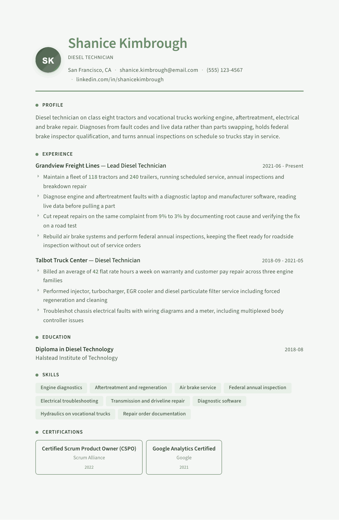 Diesel Technician resume example, Sage Garden template