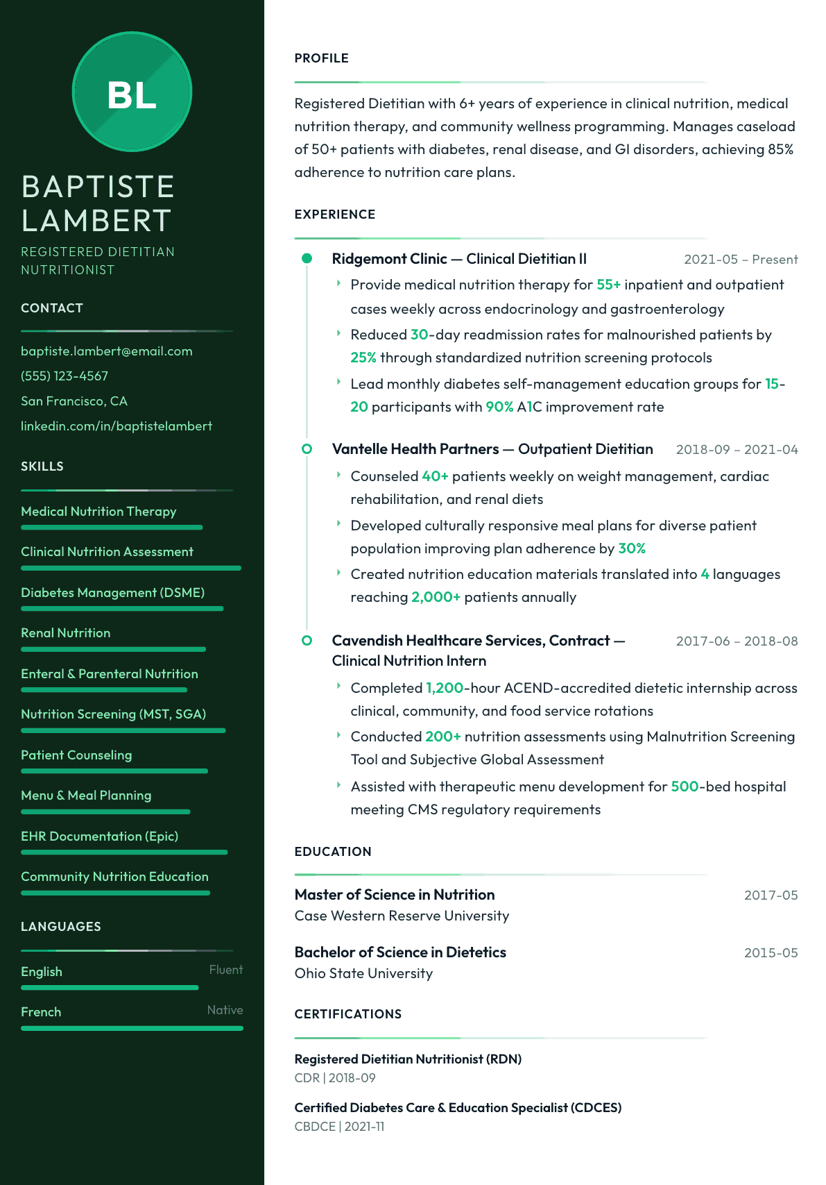 Dietitian resume example, Meridian template