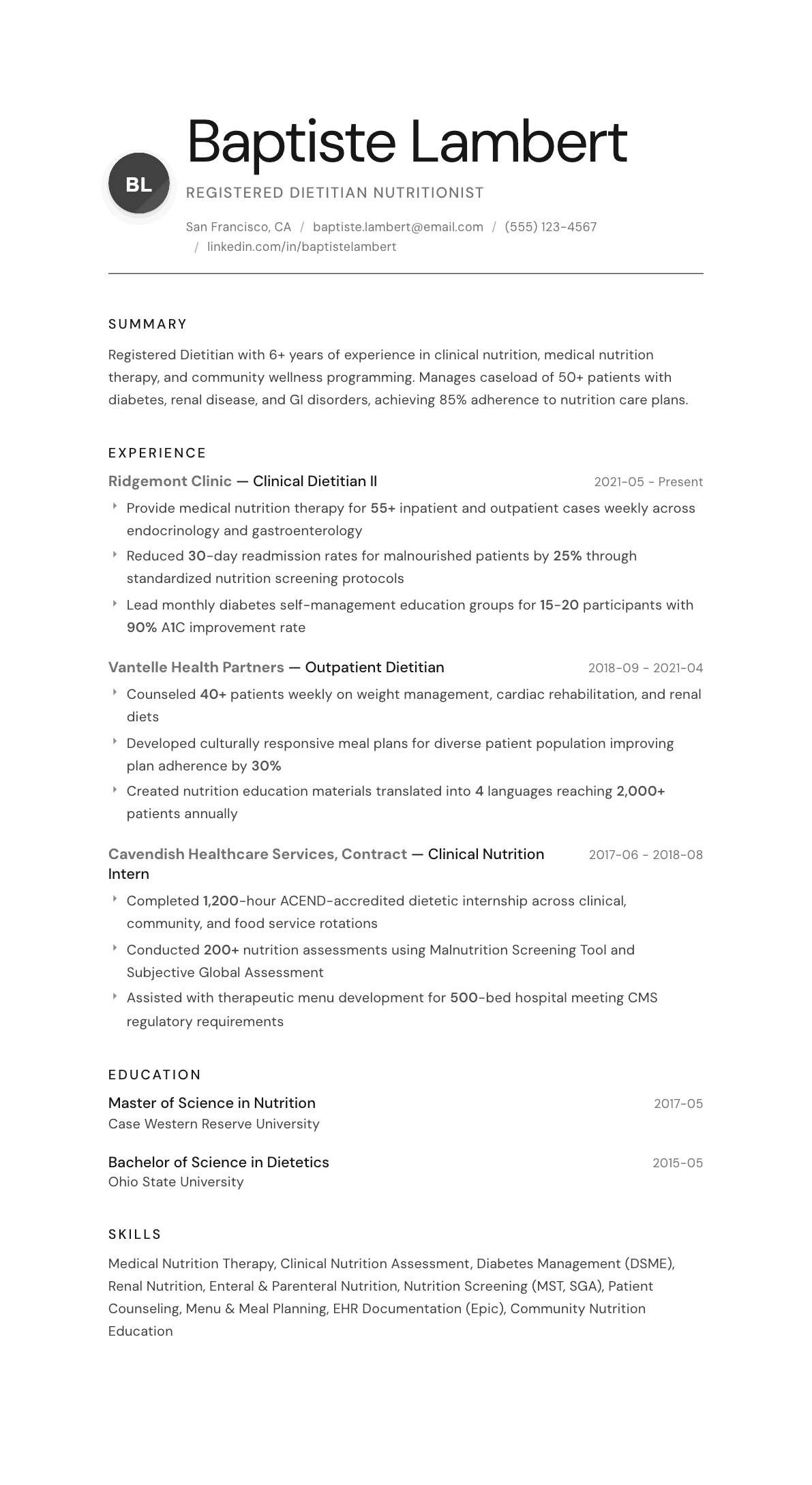 Dietitian resume example, Whisper template