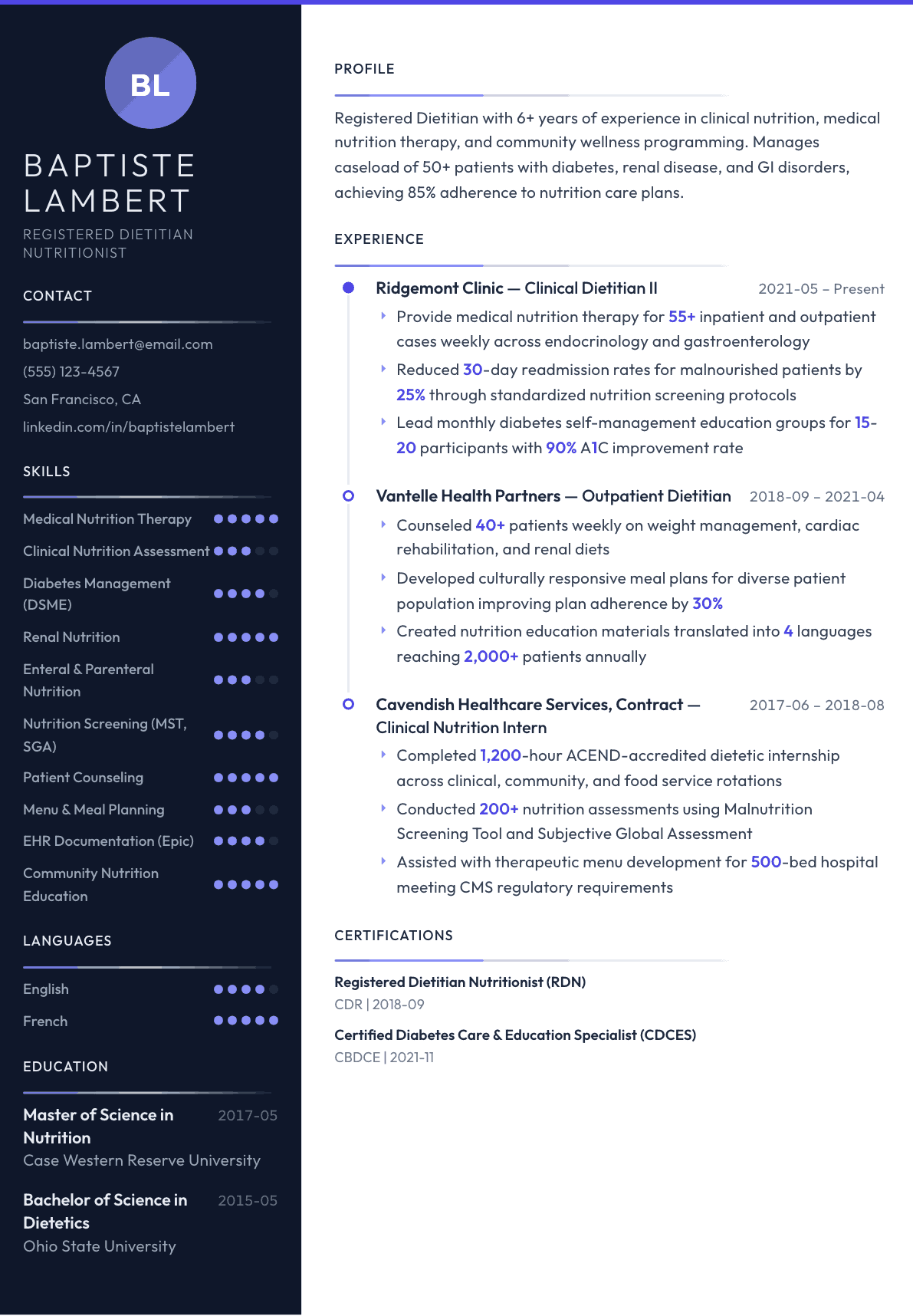Dietitian resume example, Zenith template
