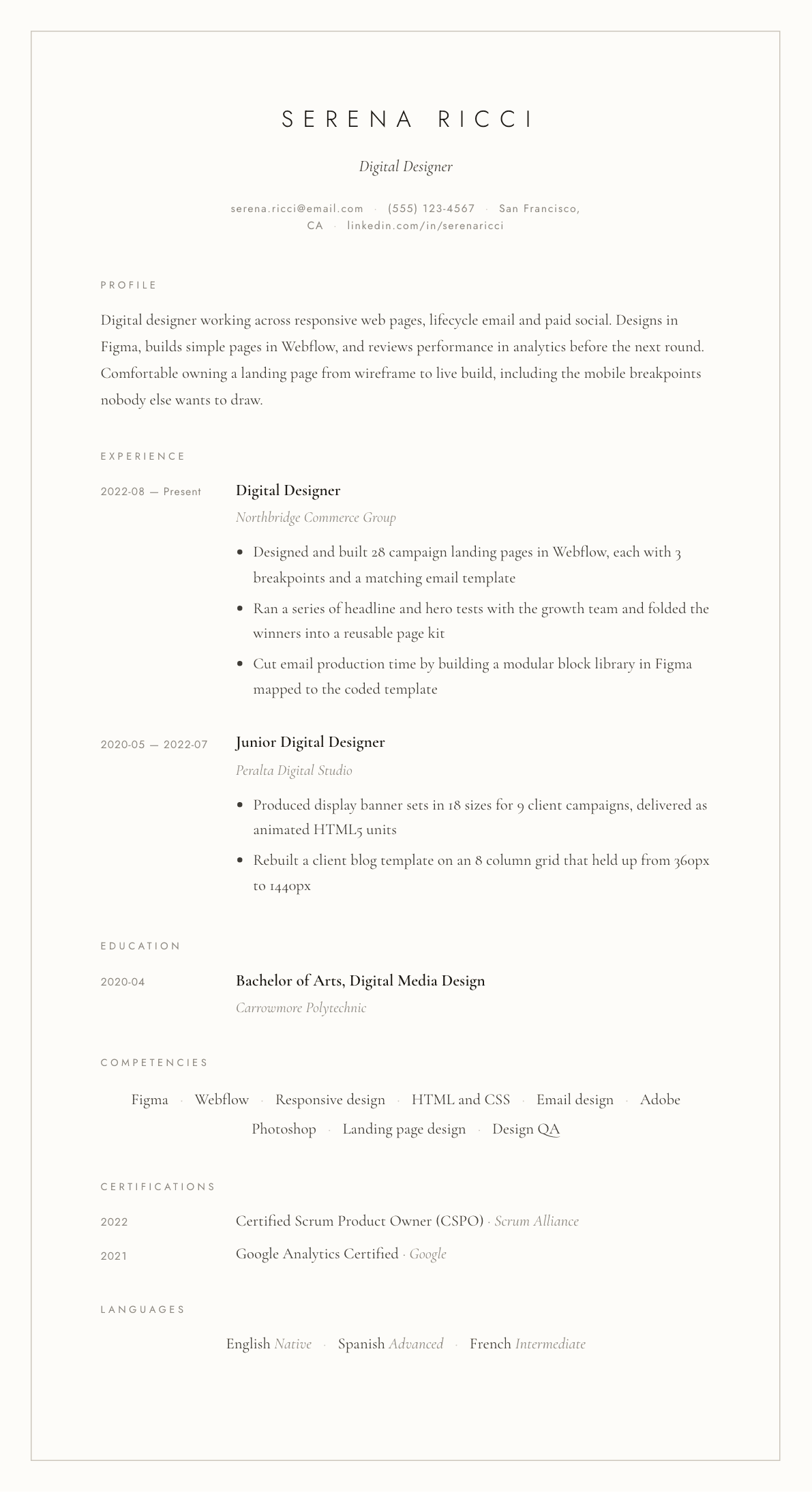 Digital Designer resume example, Vellum template