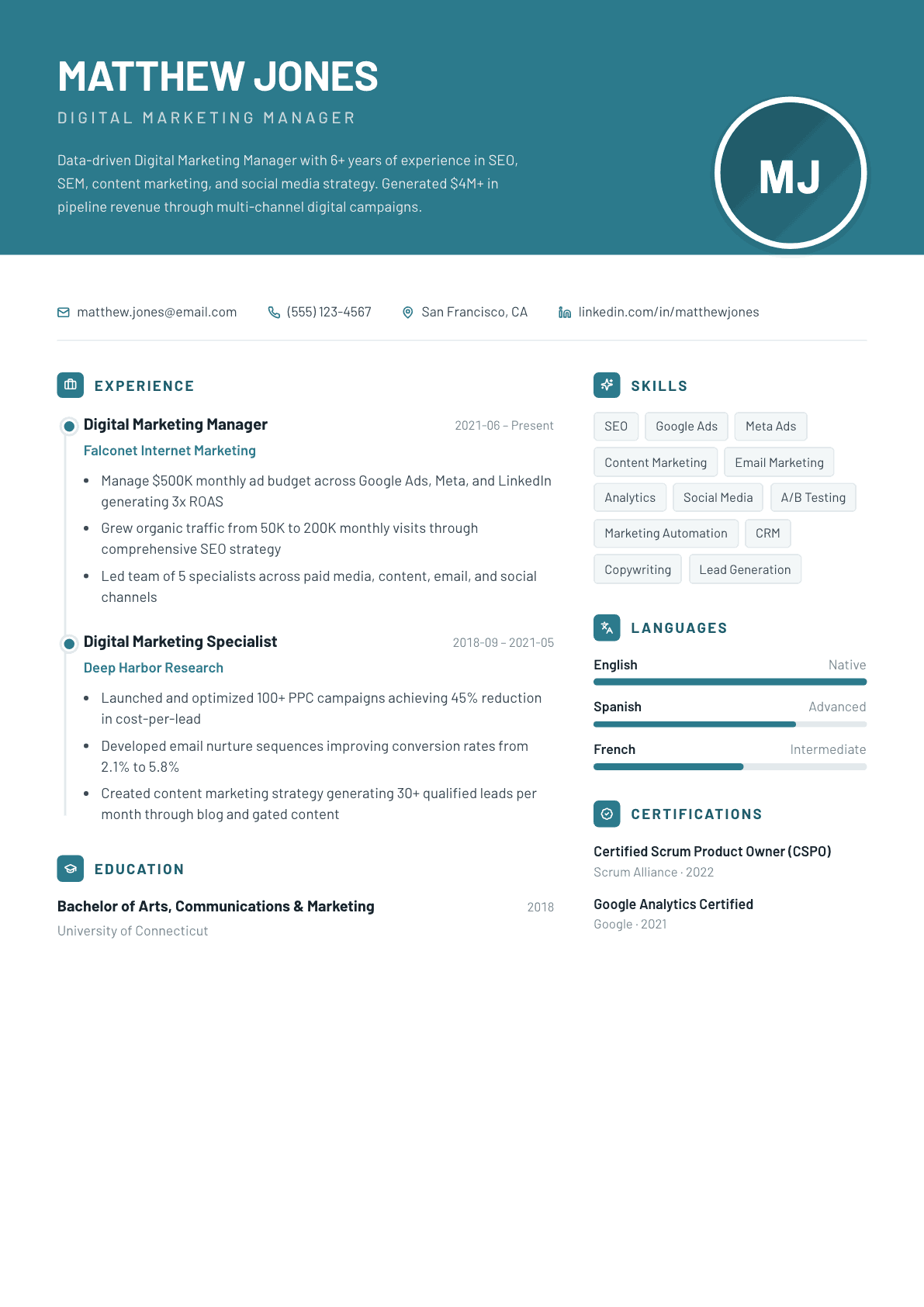 Digital Marketing Manager resume example, Harbor template