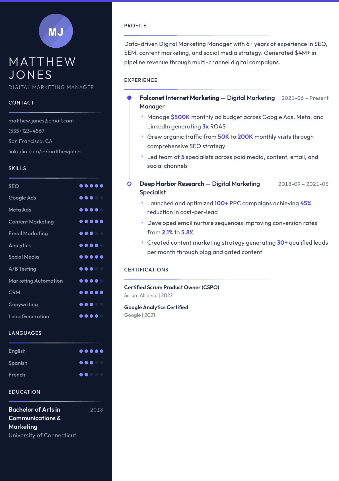 Digital Marketing Manager resume example, Zenith template