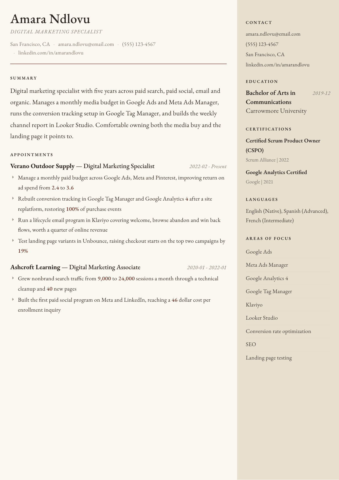 Digital Marketing Specialist resume example, Manuscript template