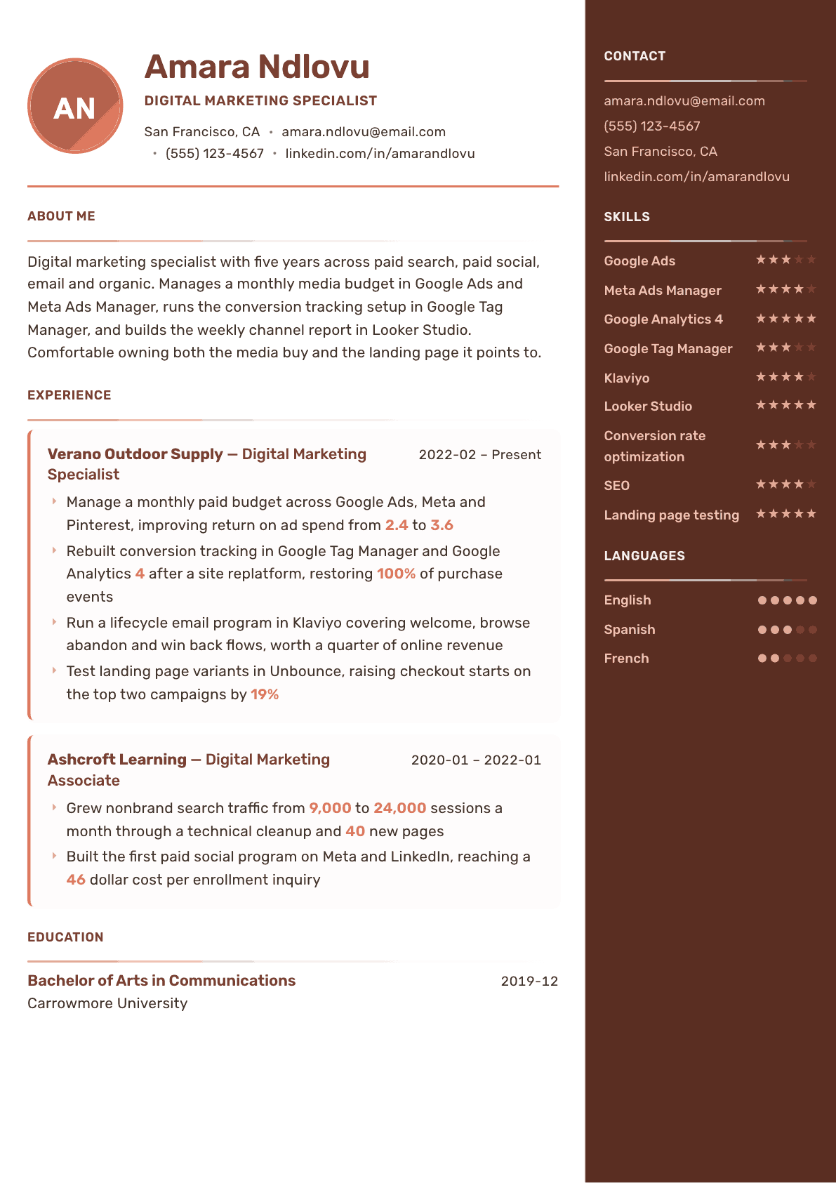Digital Marketing Specialist resume example, Mosaic template