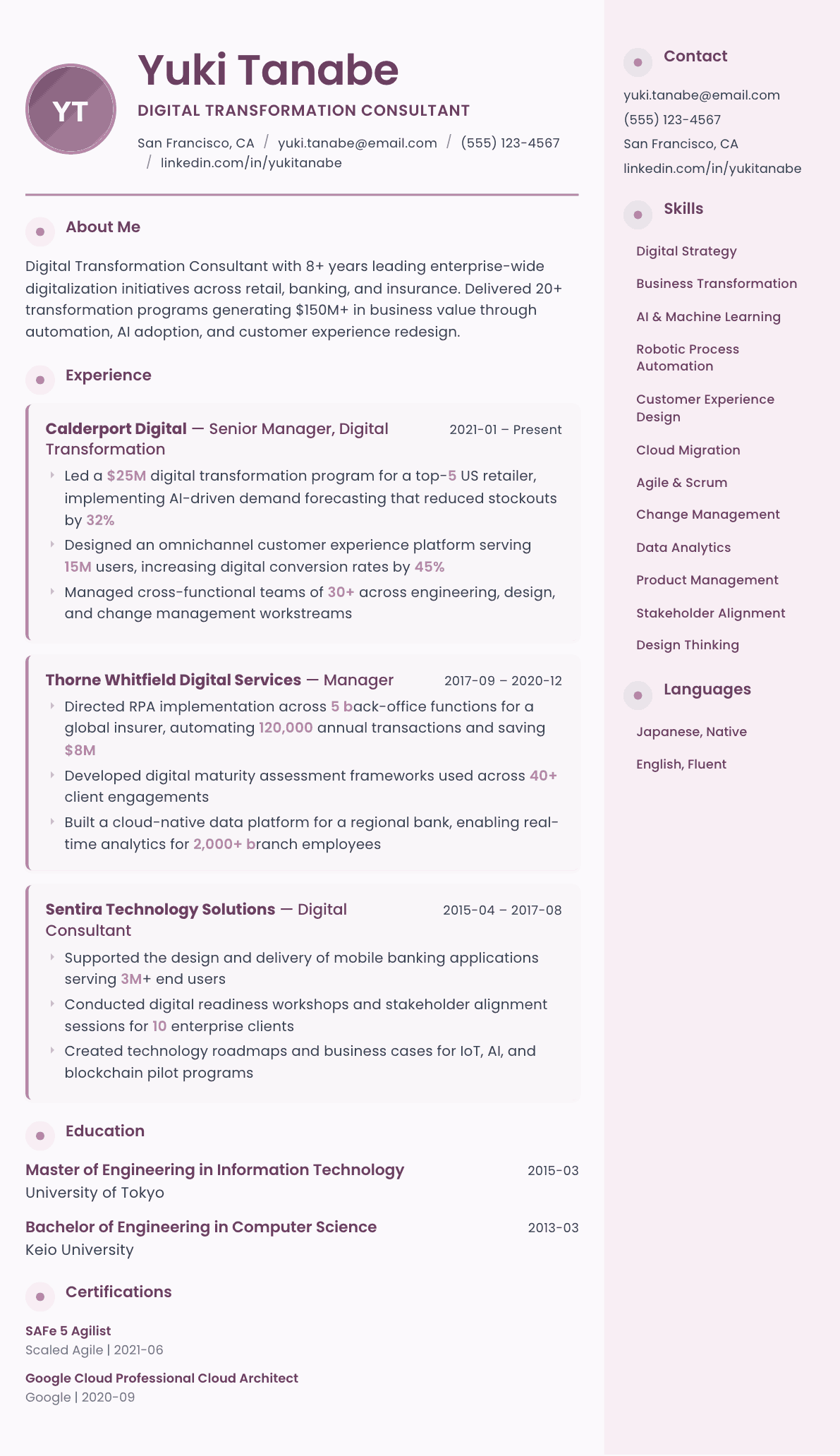 Digital Transformation Consultant resume example, Bloom template