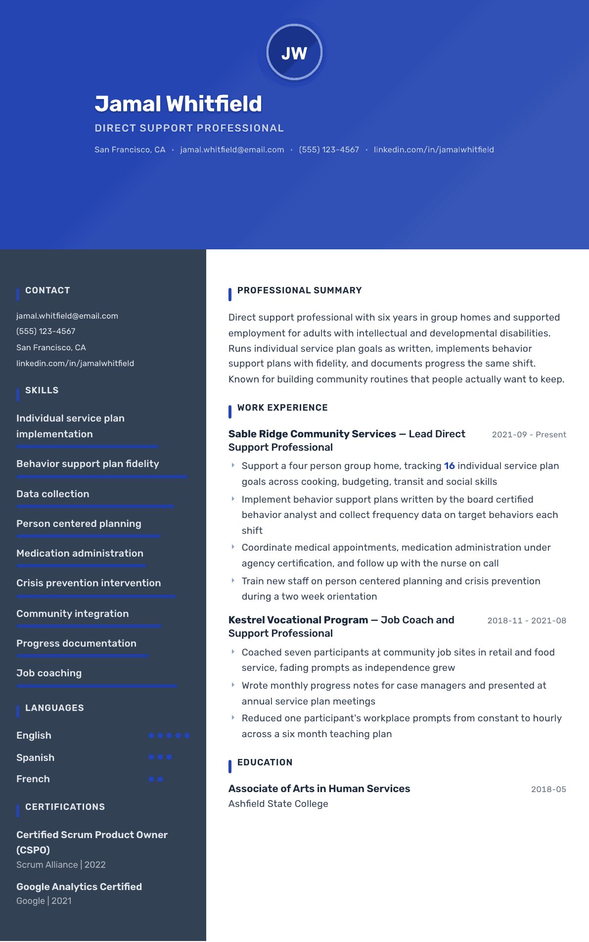 Direct Support Professional resume example, Barcelona template