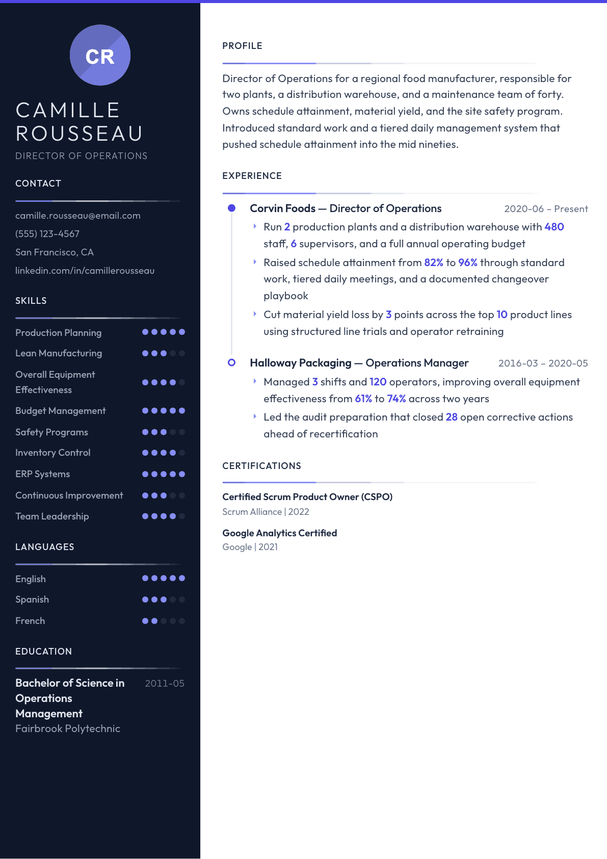 Director of Operations resume example, Zenith template