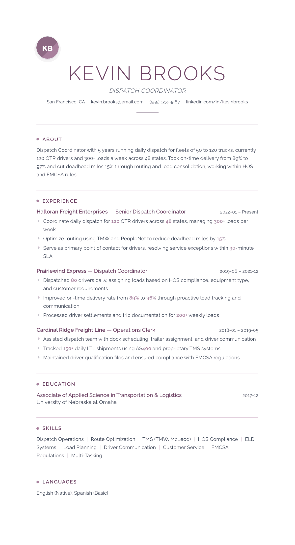 Dispatch Coordinator resume example, Serenity template