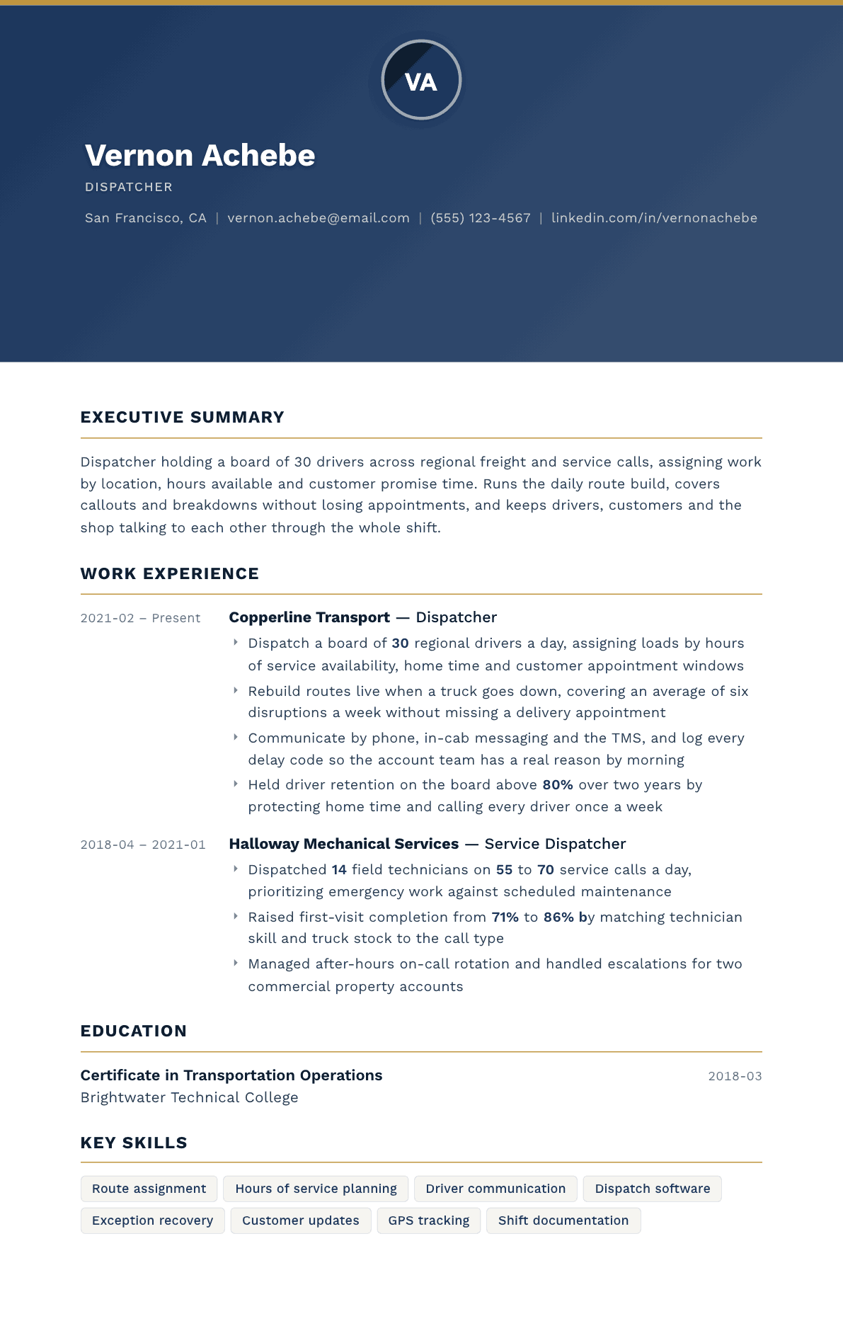 Dispatcher resume example, Sovereign template