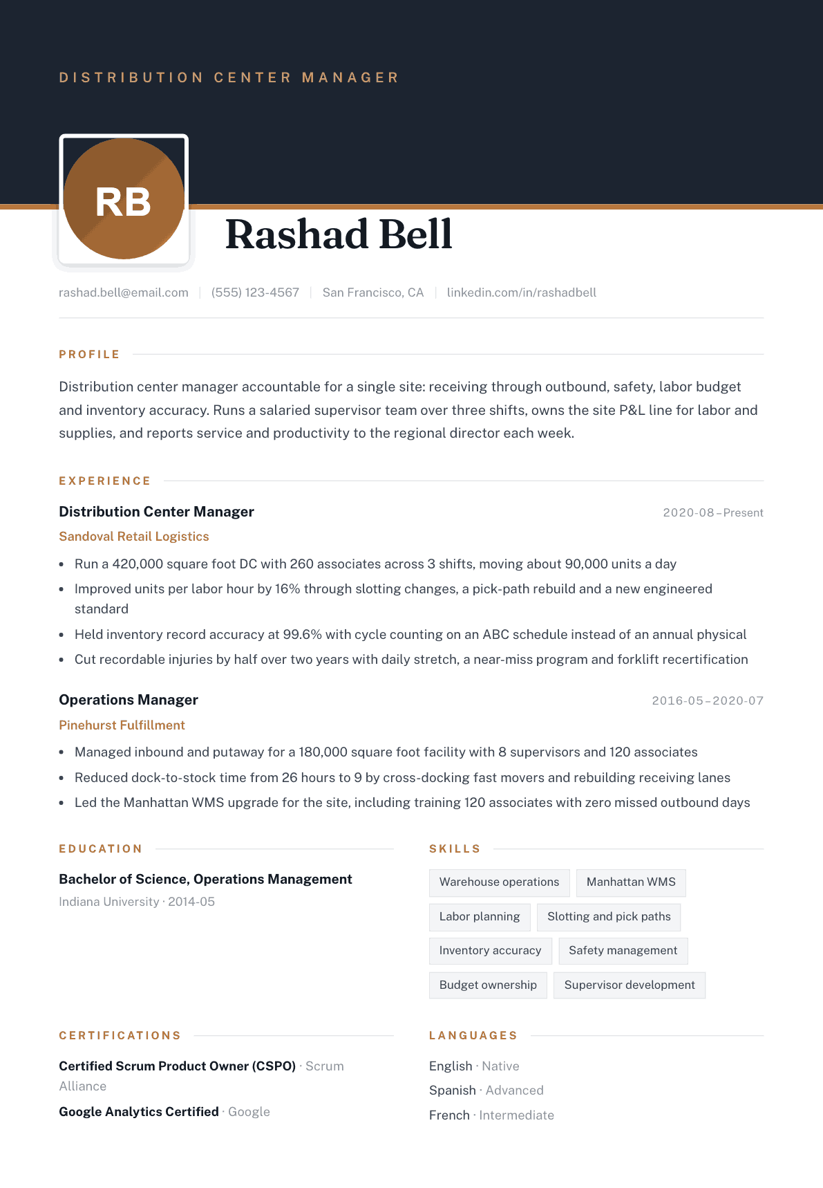 Distribution Center Manager resume example, Atrium template