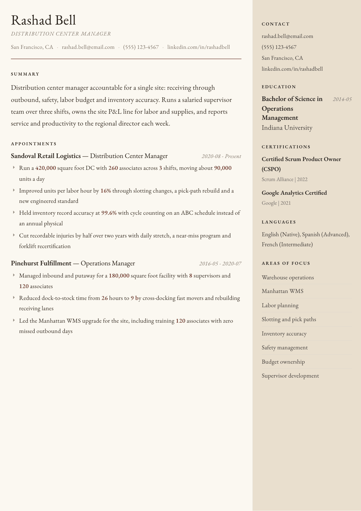 Distribution Center Manager resume example, Manuscript template