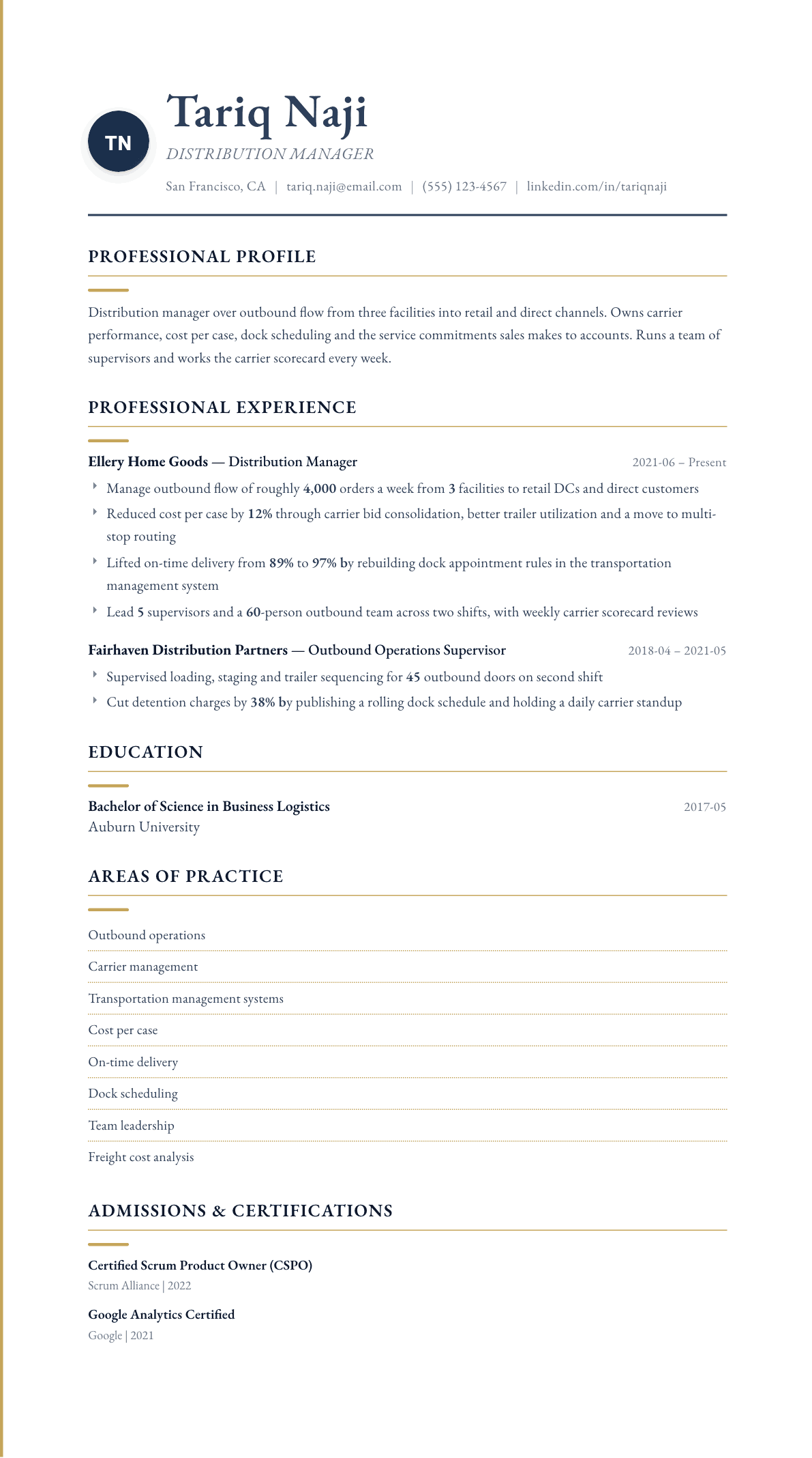 Distribution Manager resume example, Folio template