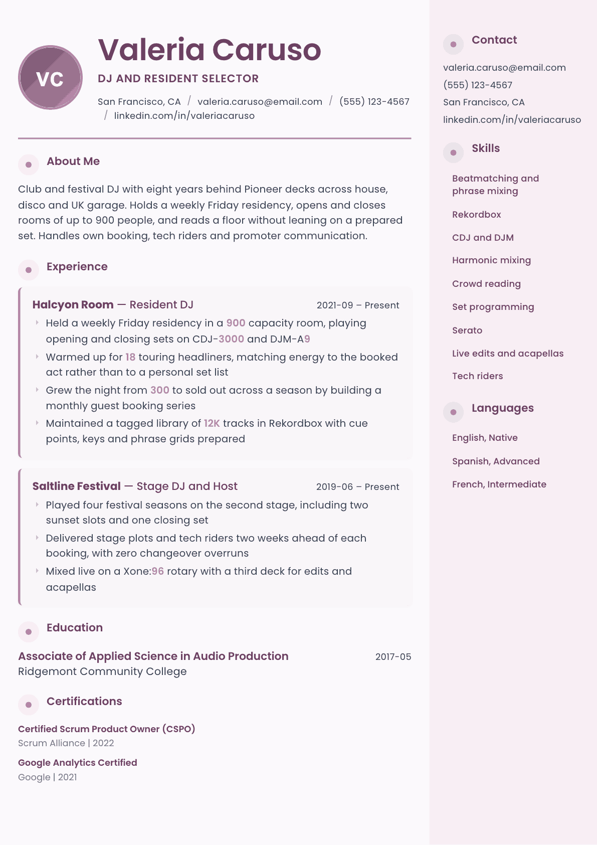 DJ resume example, Bloom template