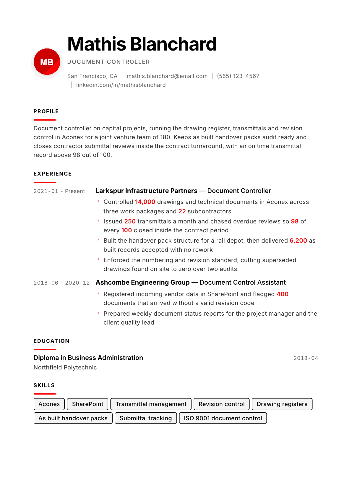 Document Controller resume example, Swiss Modernist template