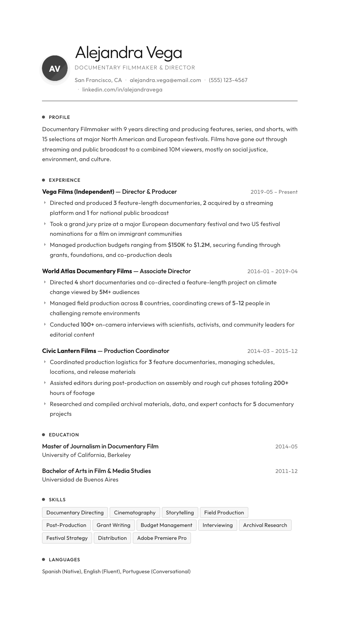 Documentary Filmmaker resume example, Flux template