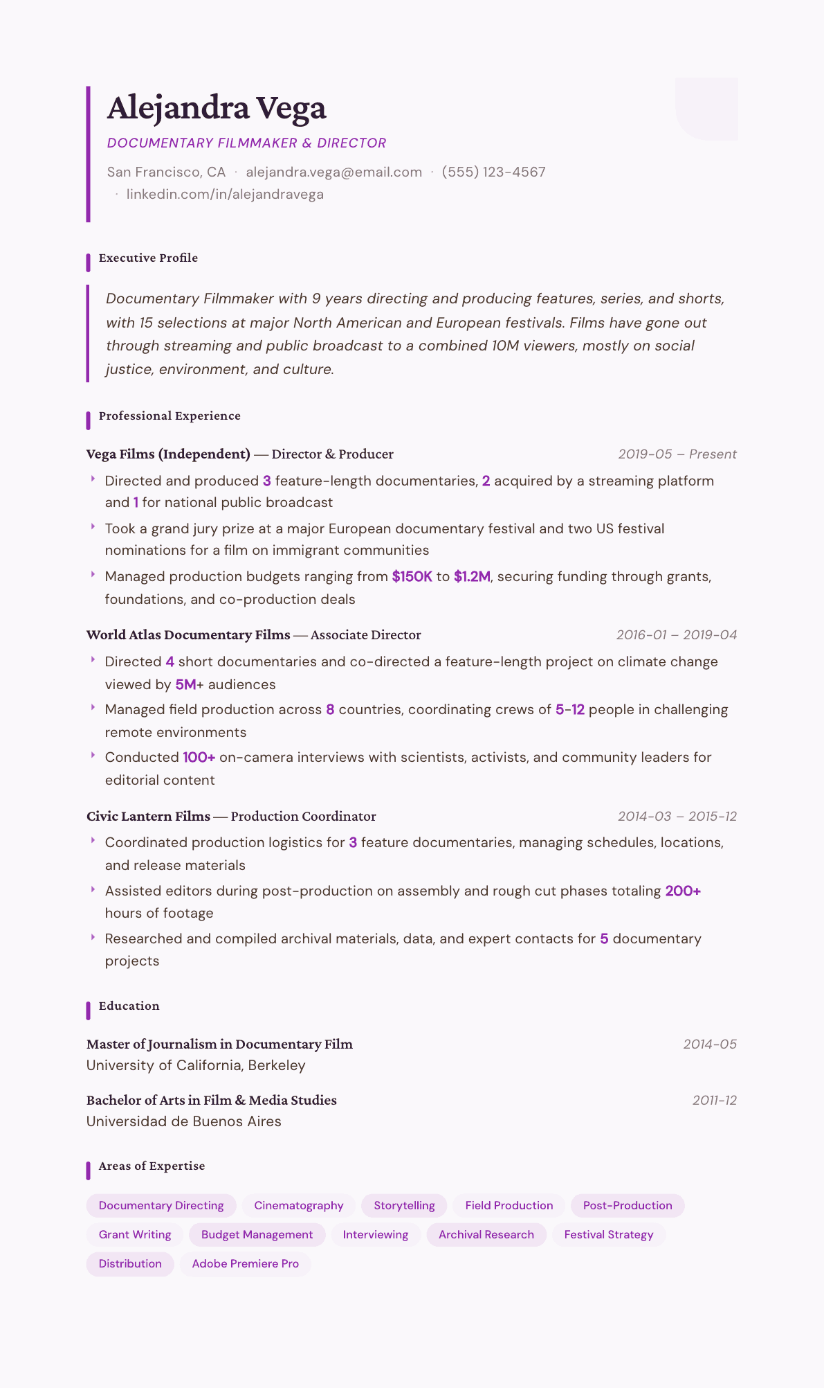 Documentary Filmmaker resume example, Plum Noir template