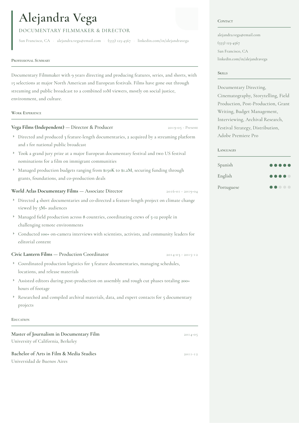 Documentary Filmmaker resume example, Copenhagen template