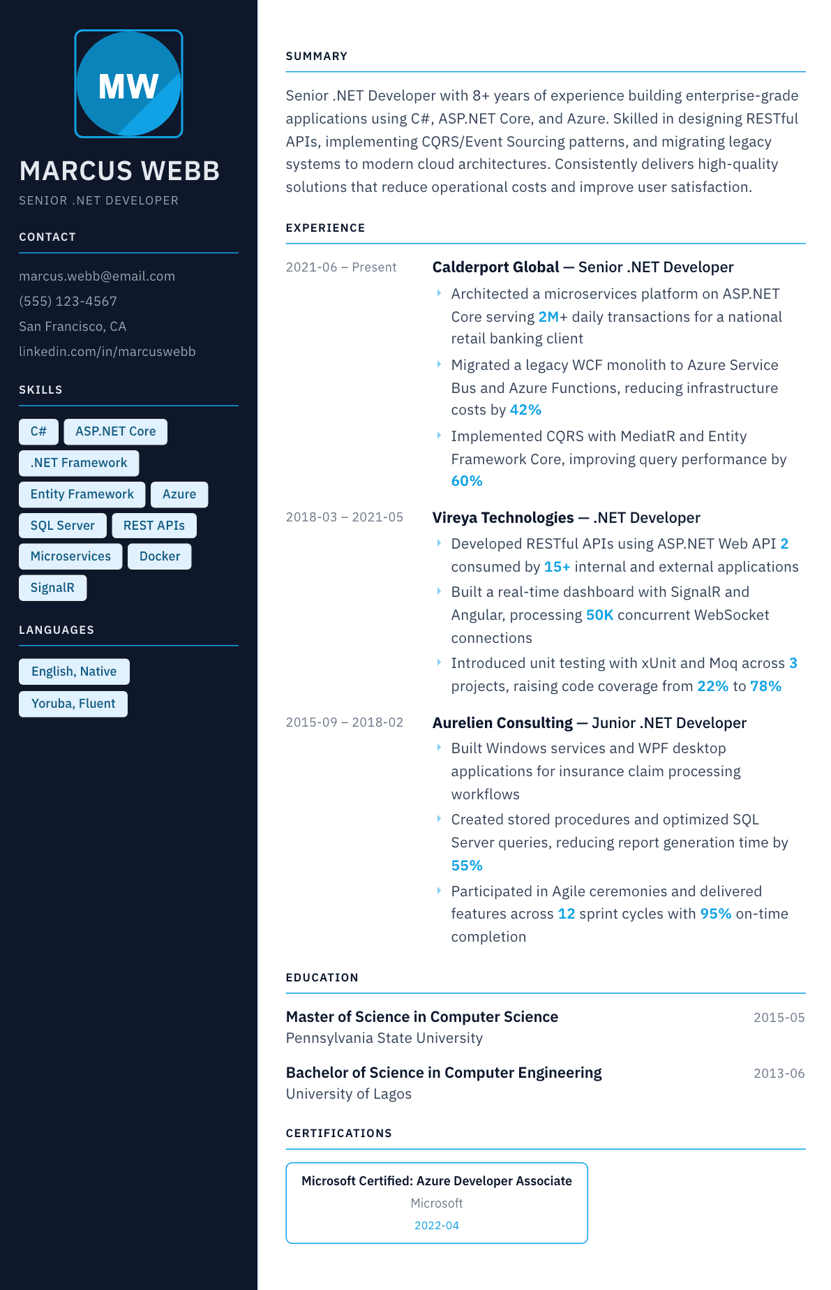 .NET Developer resume example, Everest template
