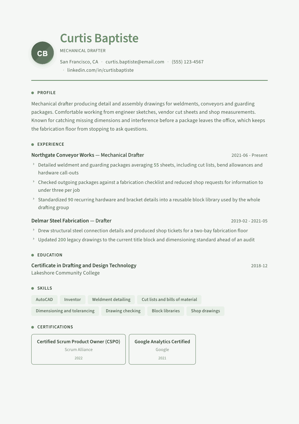 Drafter resume example, Sage Garden template