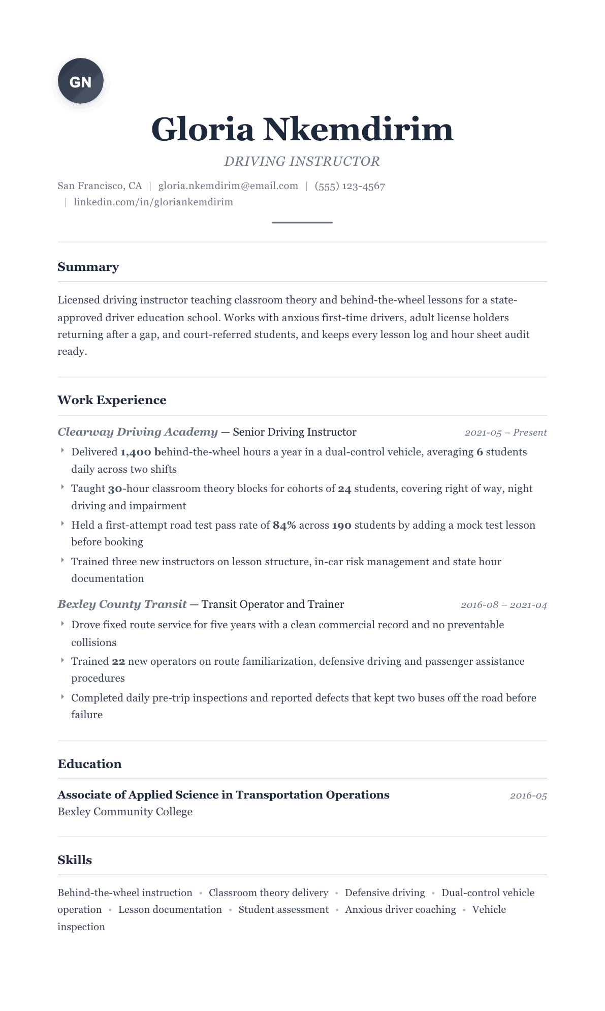 Driving Instructor resume example, Classic template