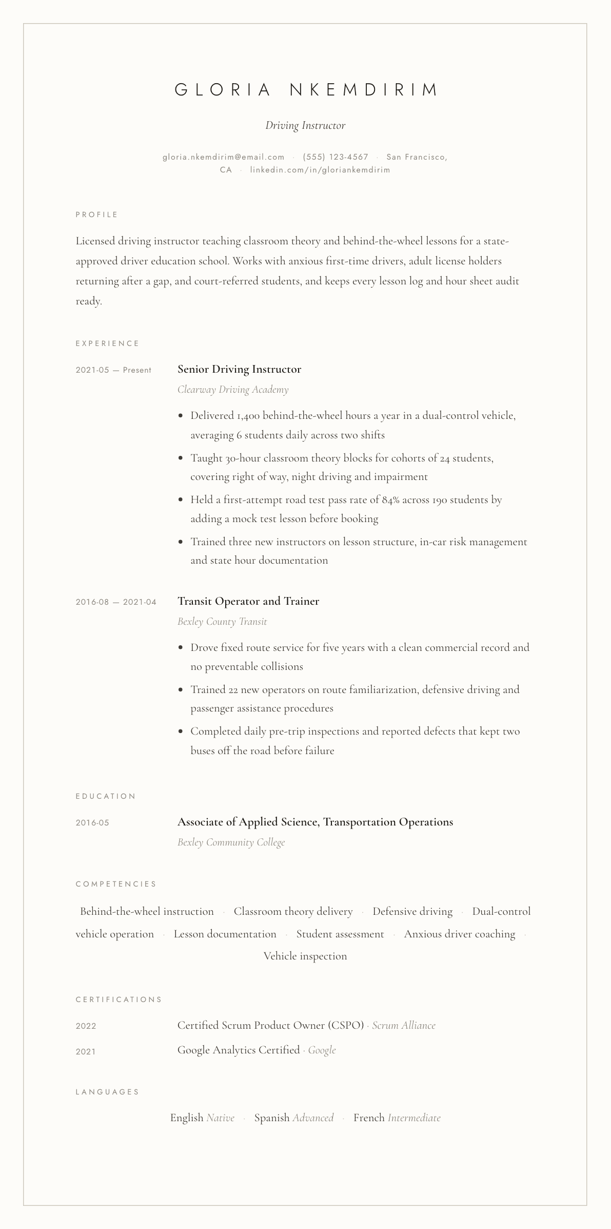 Driving Instructor resume example, Vellum template