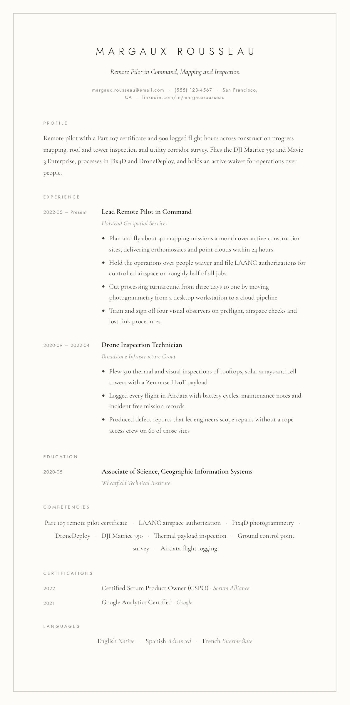 Drone Pilot resume example, Vellum template