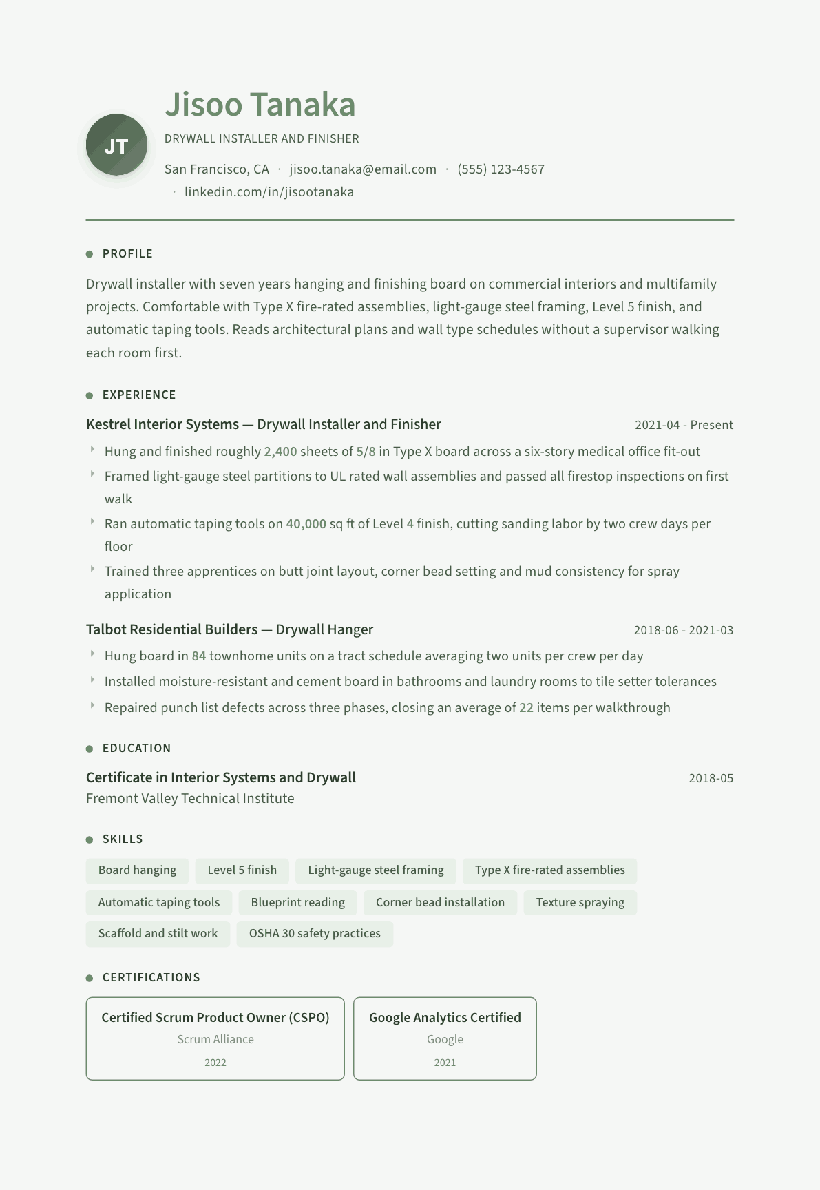 Drywall Installer resume example, Sage Garden template
