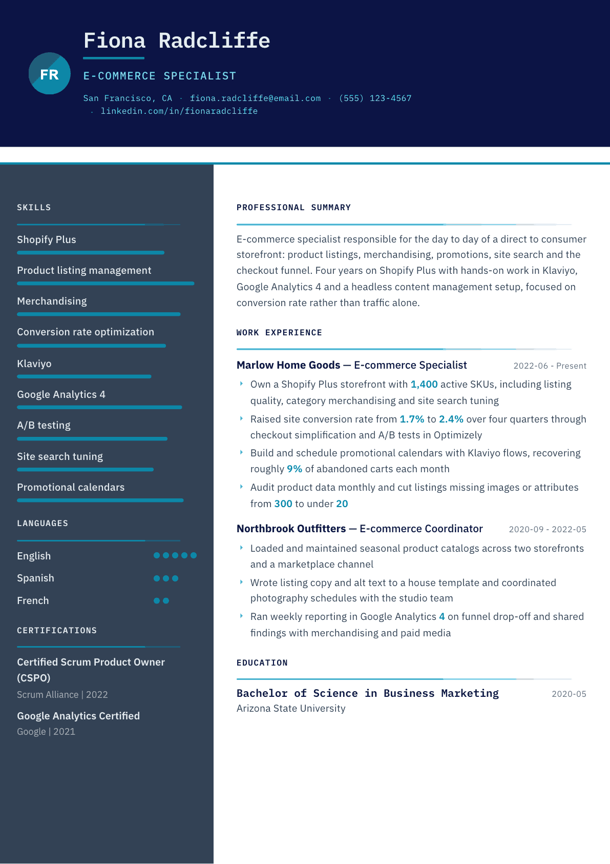 E-commerce Specialist resume example, Atlas template