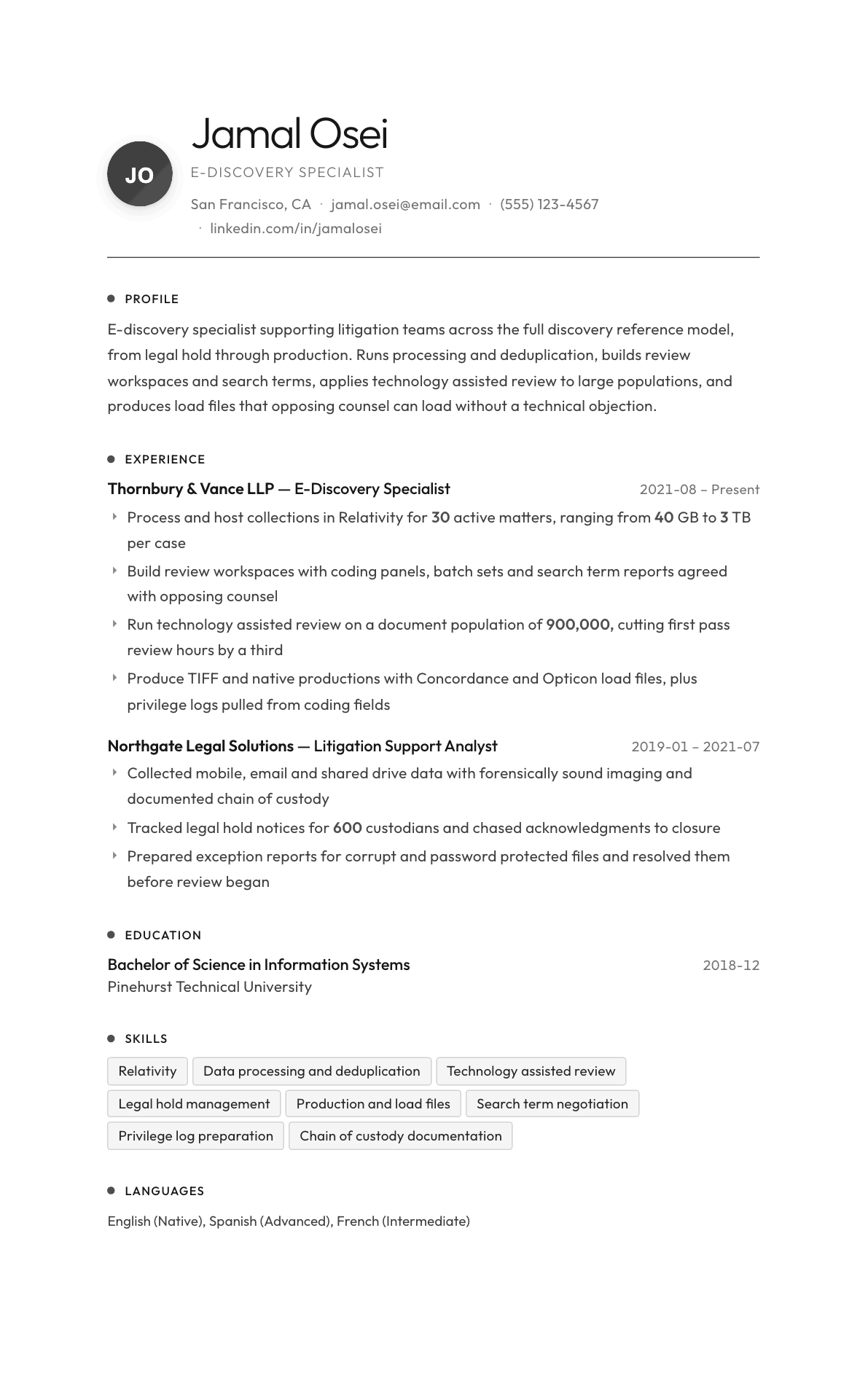 E-Discovery Specialist resume example, Flux template