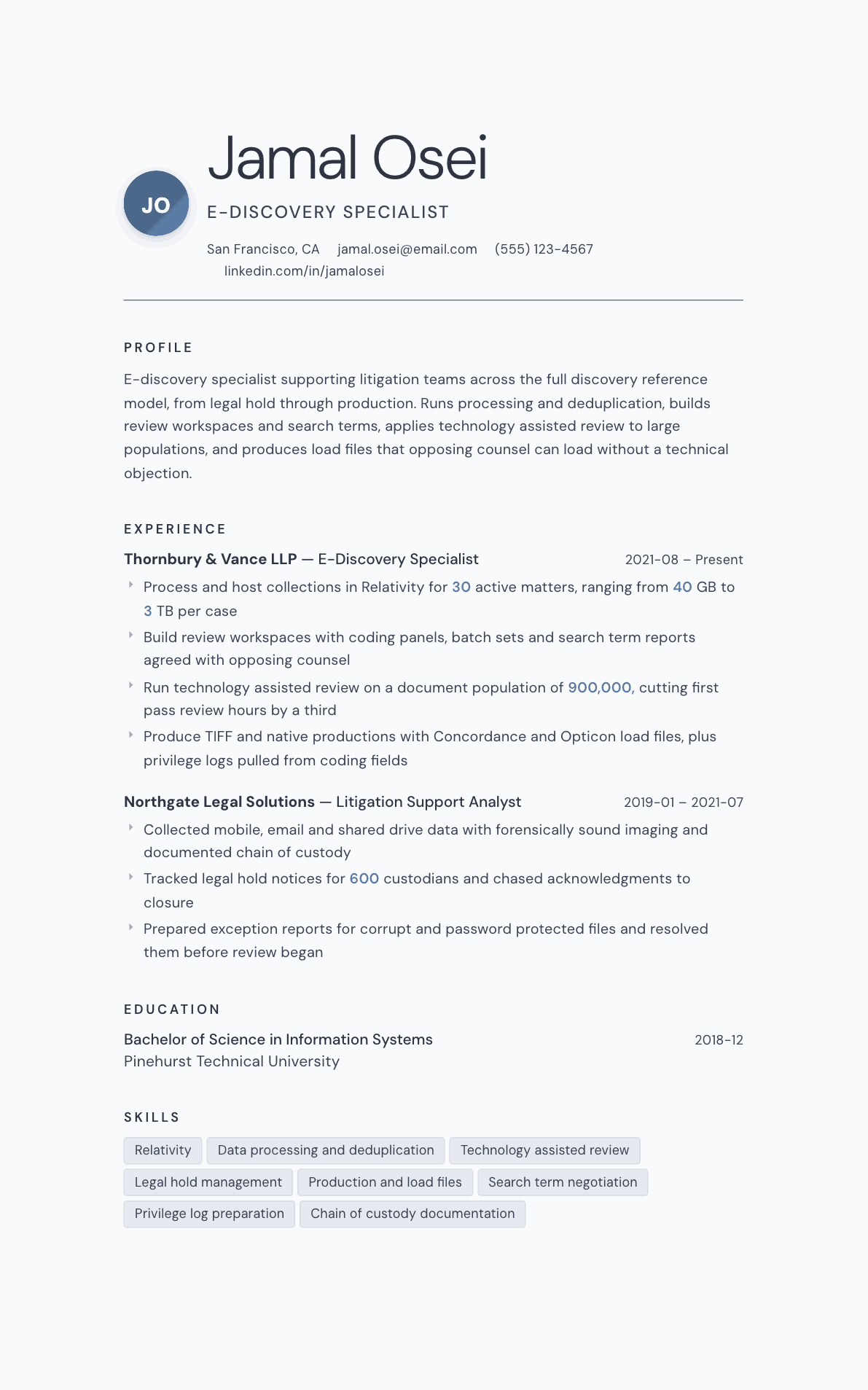E-Discovery Specialist resume example, Nordic template