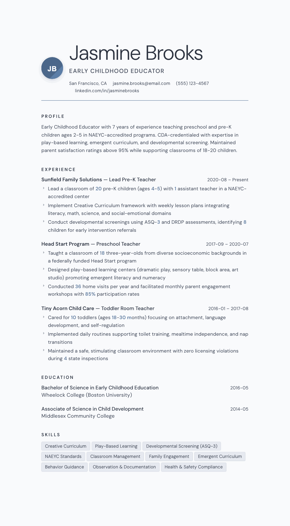 Early Childhood Educator resume example, Nordic template
