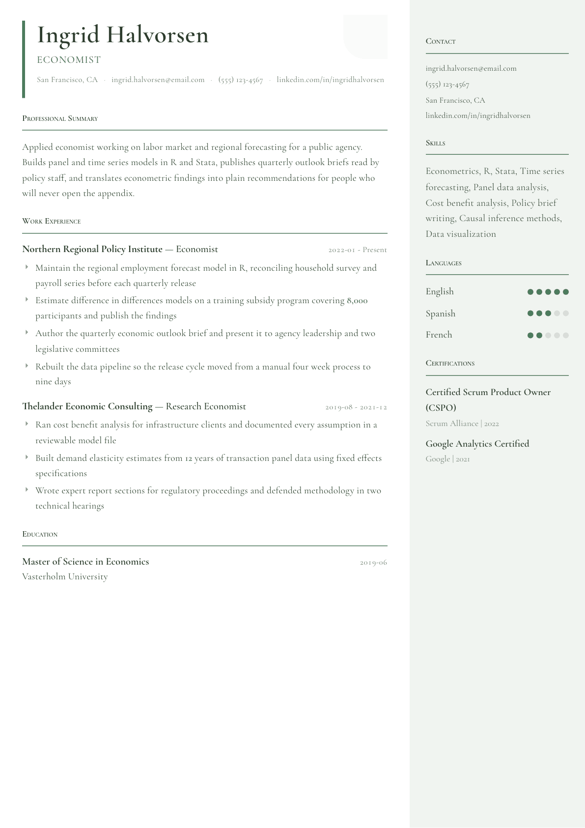 Economist resume example, Copenhagen template